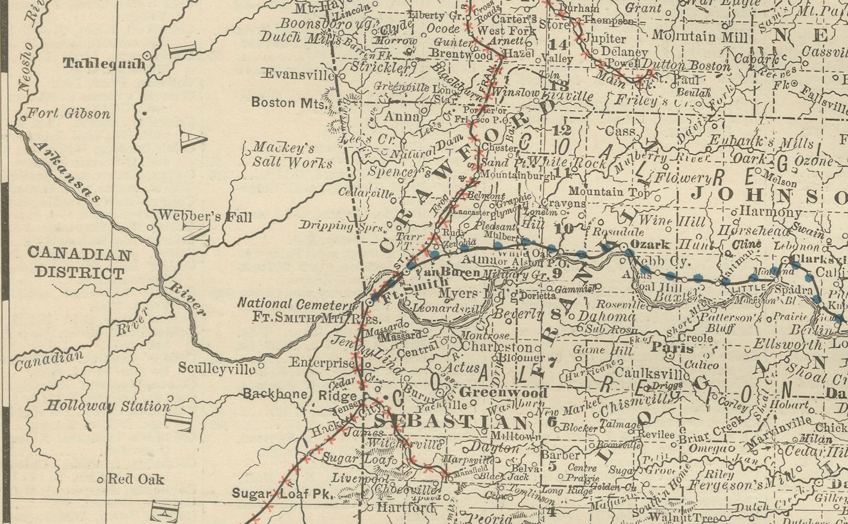 XIX secolo Mappa antica dell'Arkansas 1888 - Lo Stato naturale, ferrovie e città in vendita