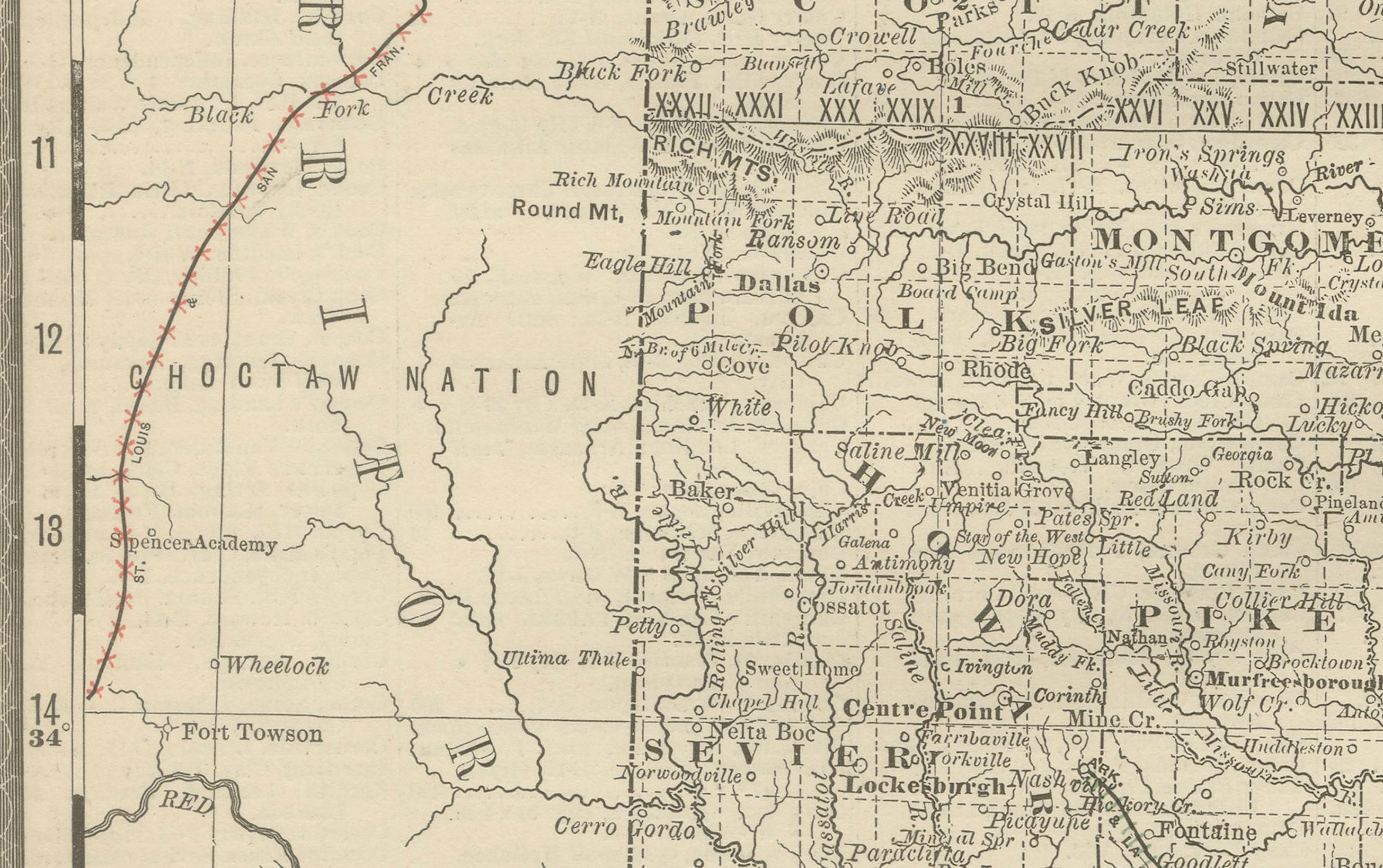 Carta Mappa antica dell'Arkansas 1888 - Lo Stato naturale, ferrovie e città in vendita