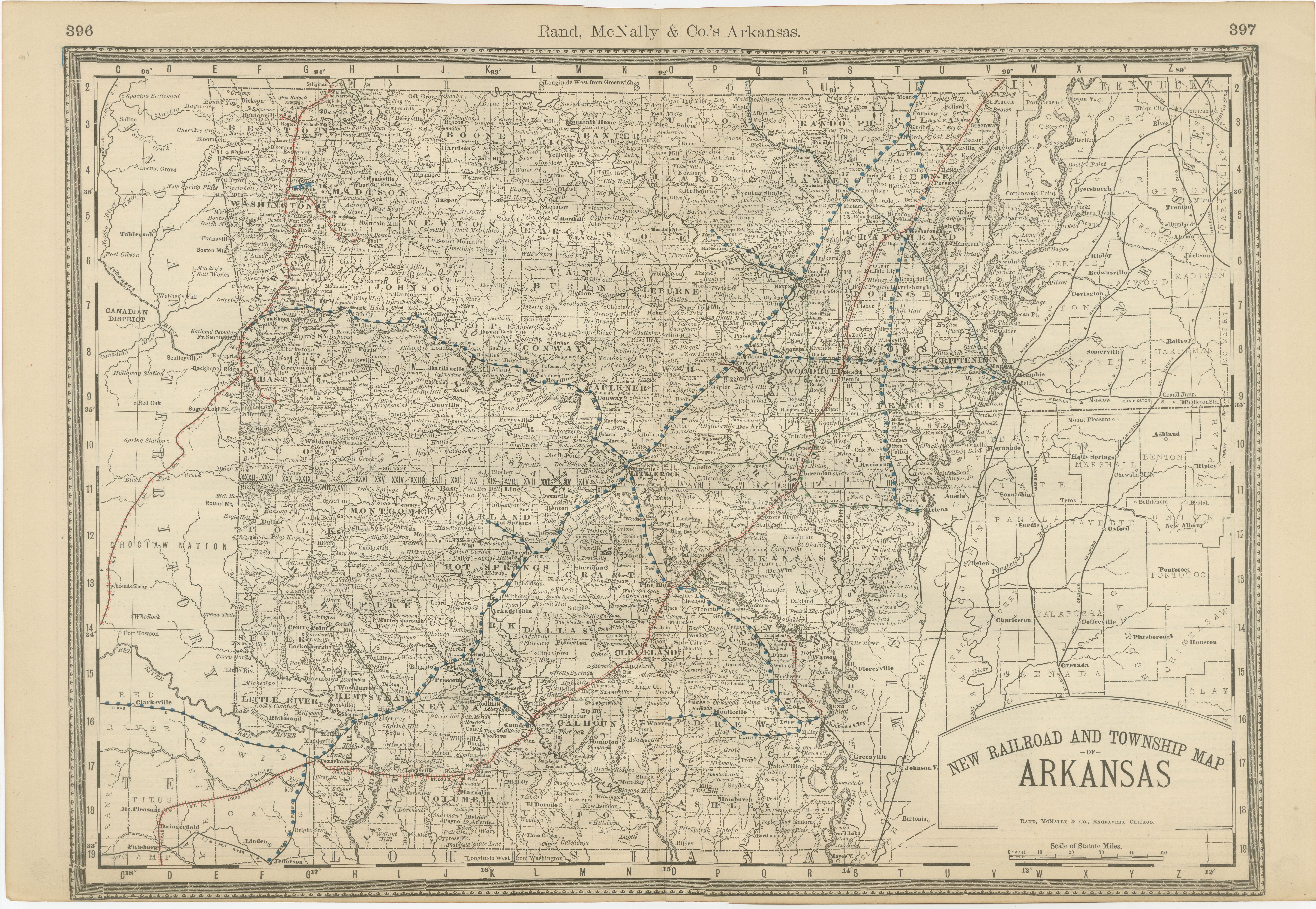 Mappa antica dell'Arkansas 1888 - Lo Stato naturale, ferrovie e città