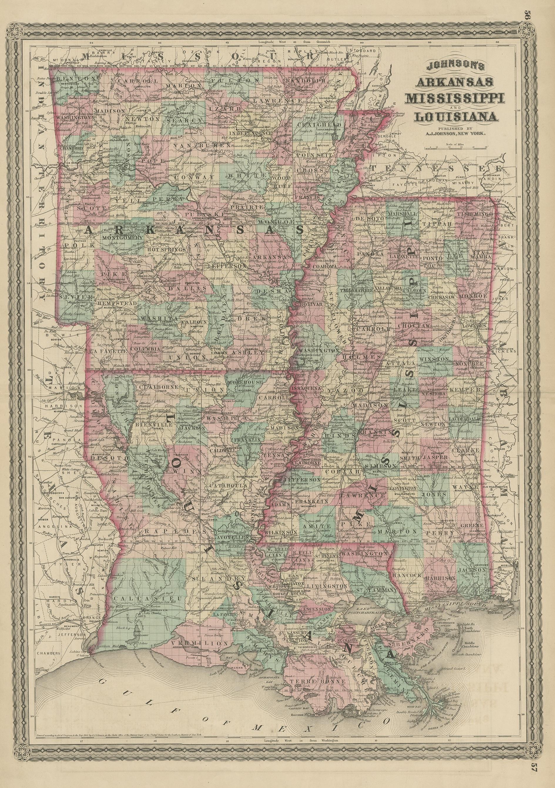 Antique map titled 'Johnson's Arkansas (..)'. Original map of Arkansas, Mississippi and Louisiana. This map originates from 'Johnson's New Illustrated Family Atlas of the World' by A.J. Johnson. Published 1872.