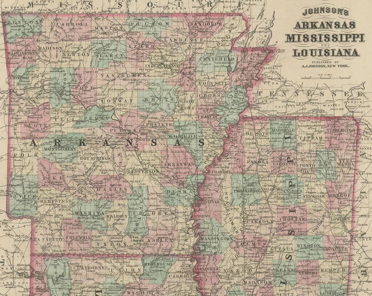 Antique Map of Arkansas, Mississippi and Louisiana by Johnson, 1872