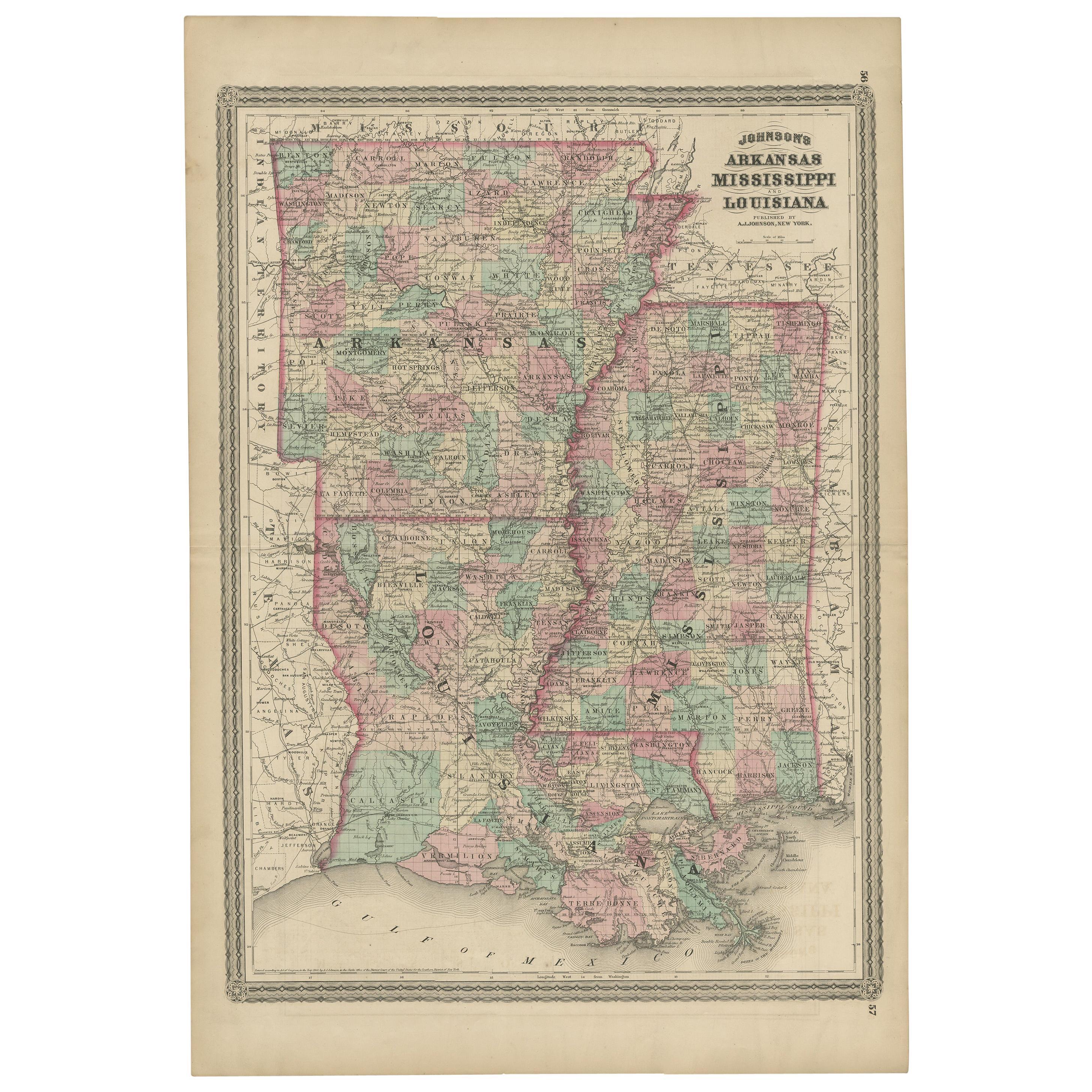 Antique Map of Arkansas, Mississippi and Louisiana by Johnson, 1872 For Sale