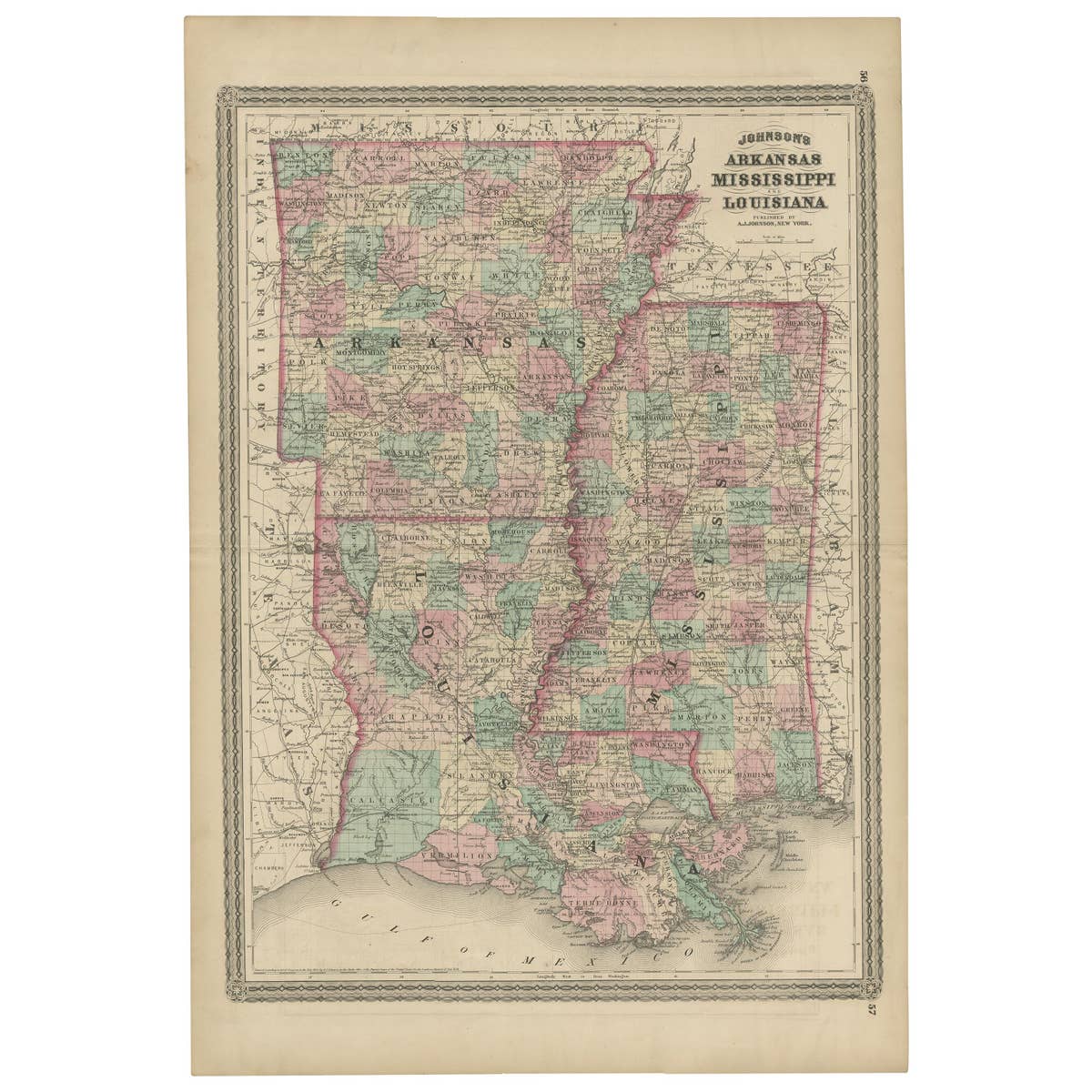 Antique Map of Arkansas, Mississippi and Louisiana by Johnson, 1872