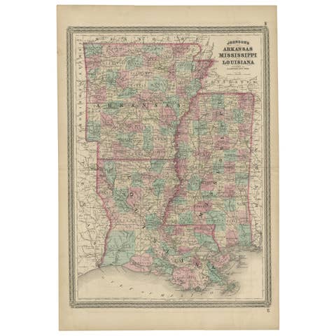 Antique Map of Arkansas, Mississippi and Louisiana by Johnson, 1872