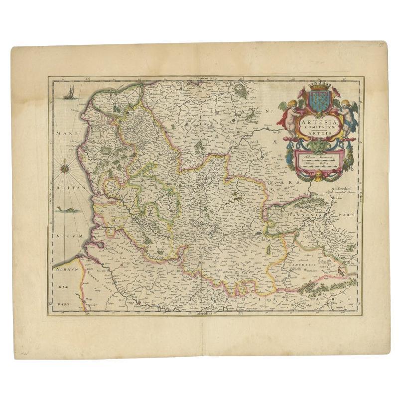 Antique map titled 'Artesia Comitatus Artois'. Map of Artois or Artesia, France. Artois is former province located in the northwestern part of France, boarding Belgium (Flanders) on the north and Picardy to the south. Originates from 'Theatrum Orbis