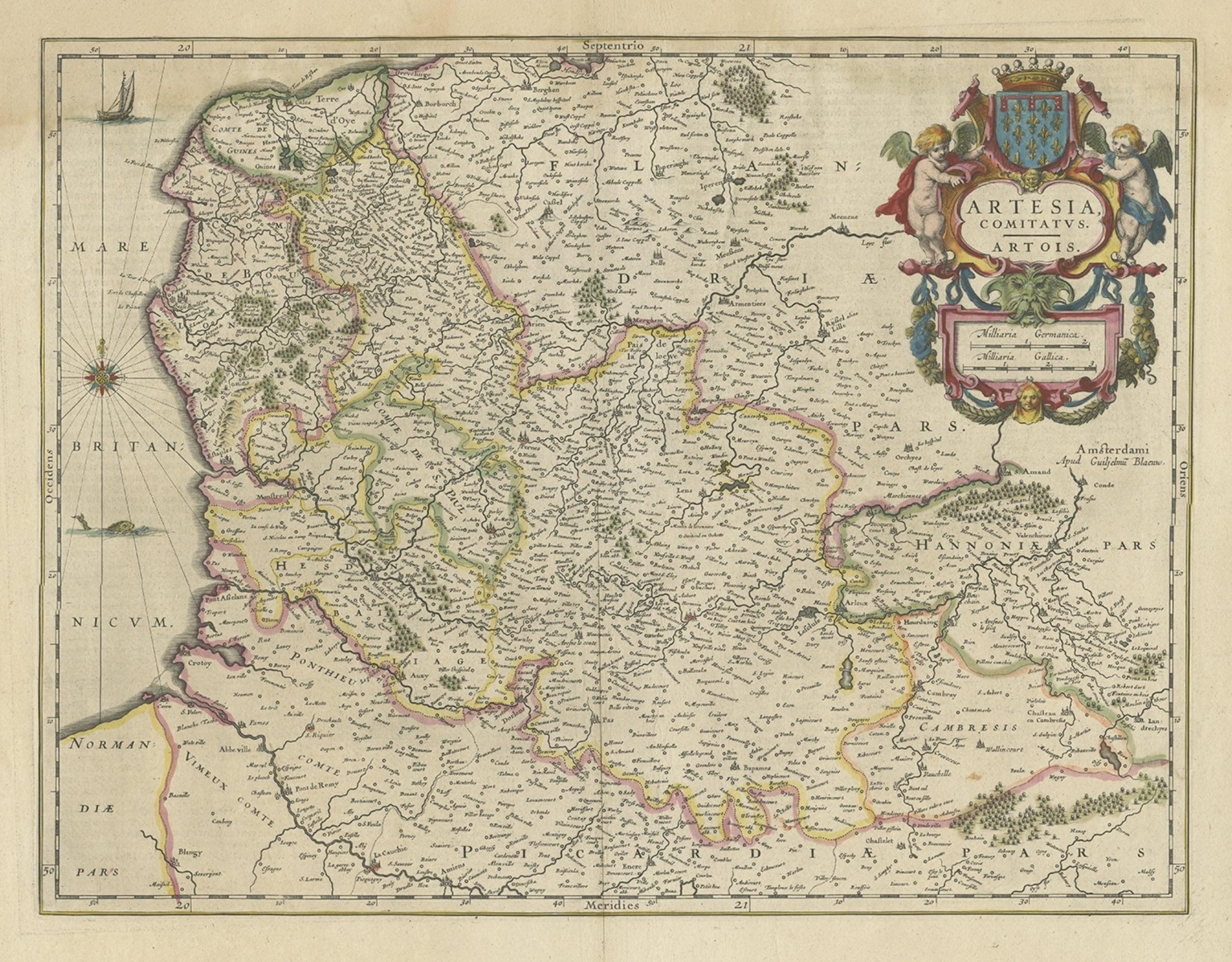 Carte ancienne d'Artois dans le nord de la France par le célèbre ébéniste Blaeu, vers 1640 en vente