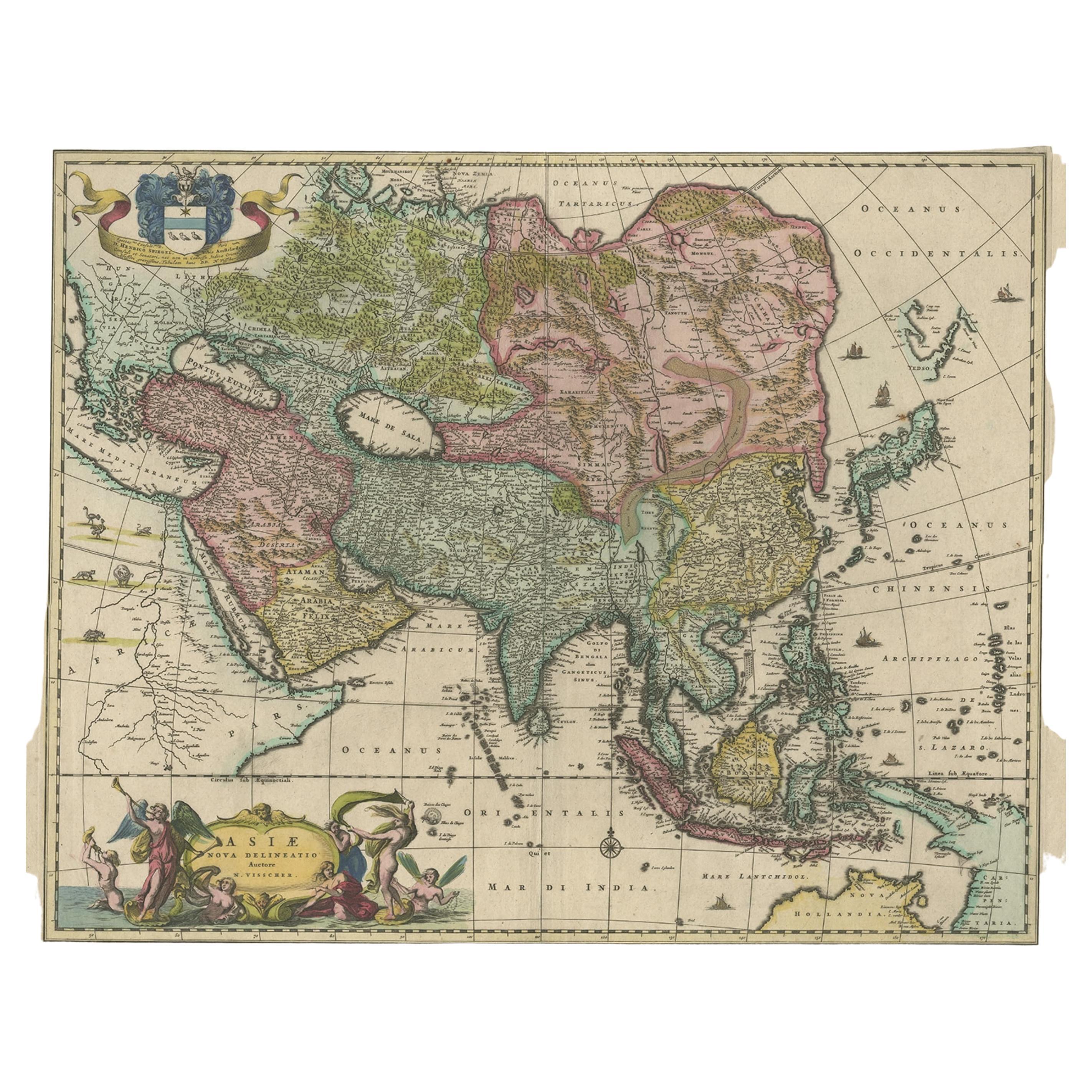 Antique map titled 'Asiae nova delineatio'. Decorative map of Asia and the East Indies. The map shows Korea as a peninsula. In China the Great Wall is depicted, as well as a long stretch of desert, identified as the Xamo. Australia and New Guinea