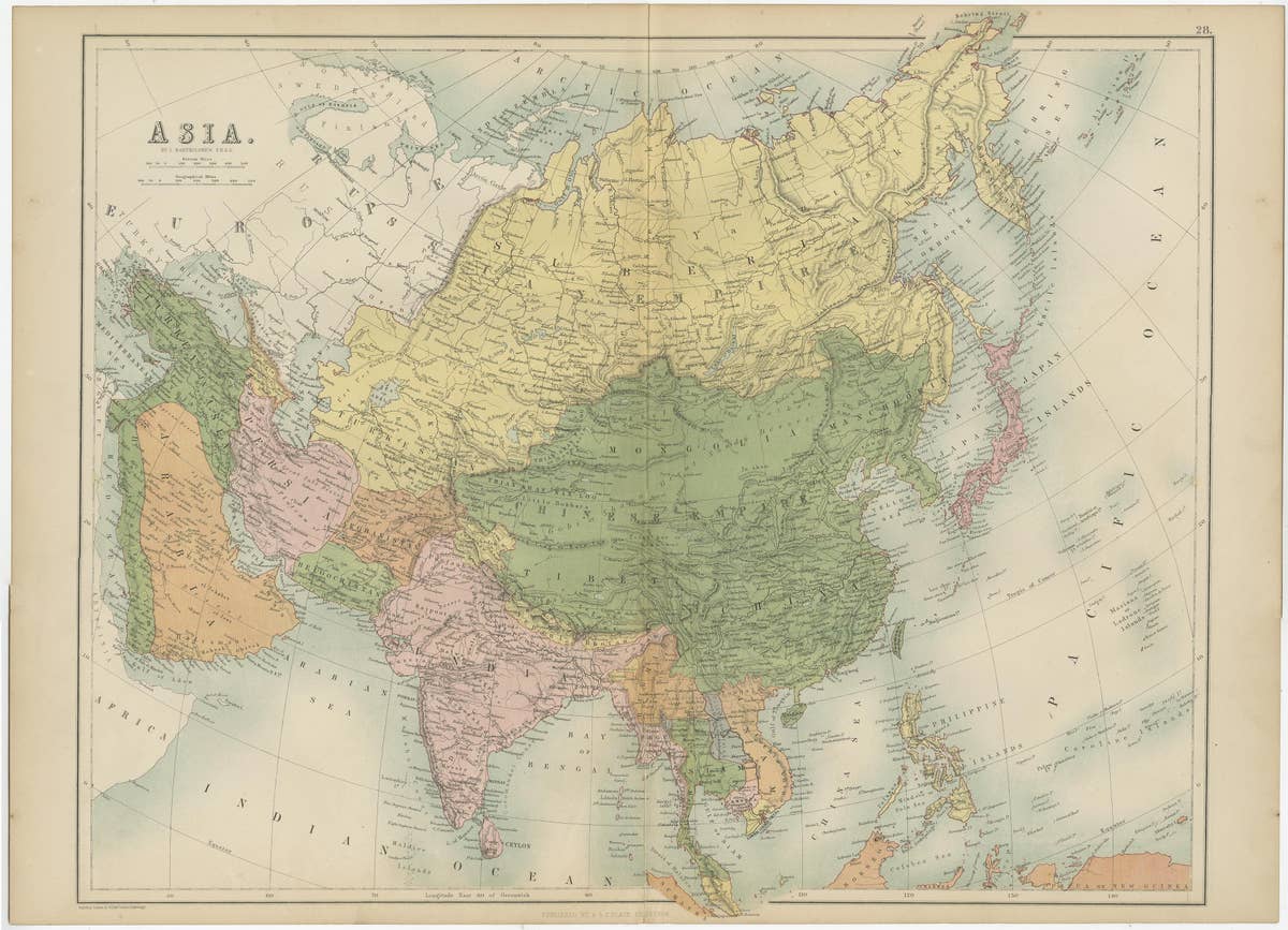 Antique Map of Asia by A & C, Black, 1870