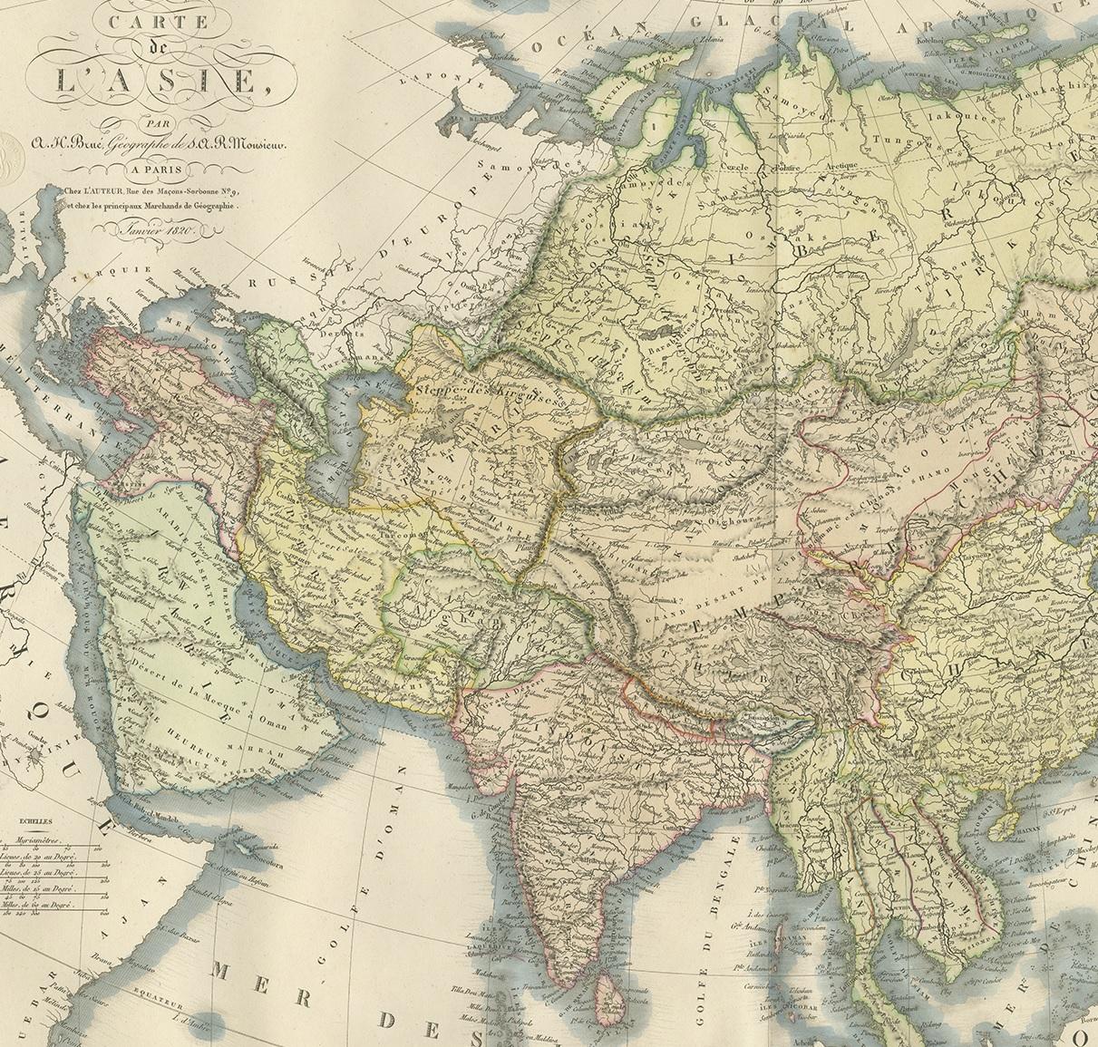 Carte ancienne d'Asie par Bru '1820' Bon état - En vente à Langweer, NL