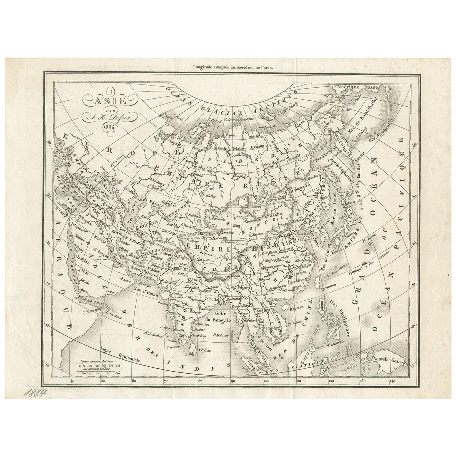 Antique Map of Asia by Dufour, circa 1834 For Sale