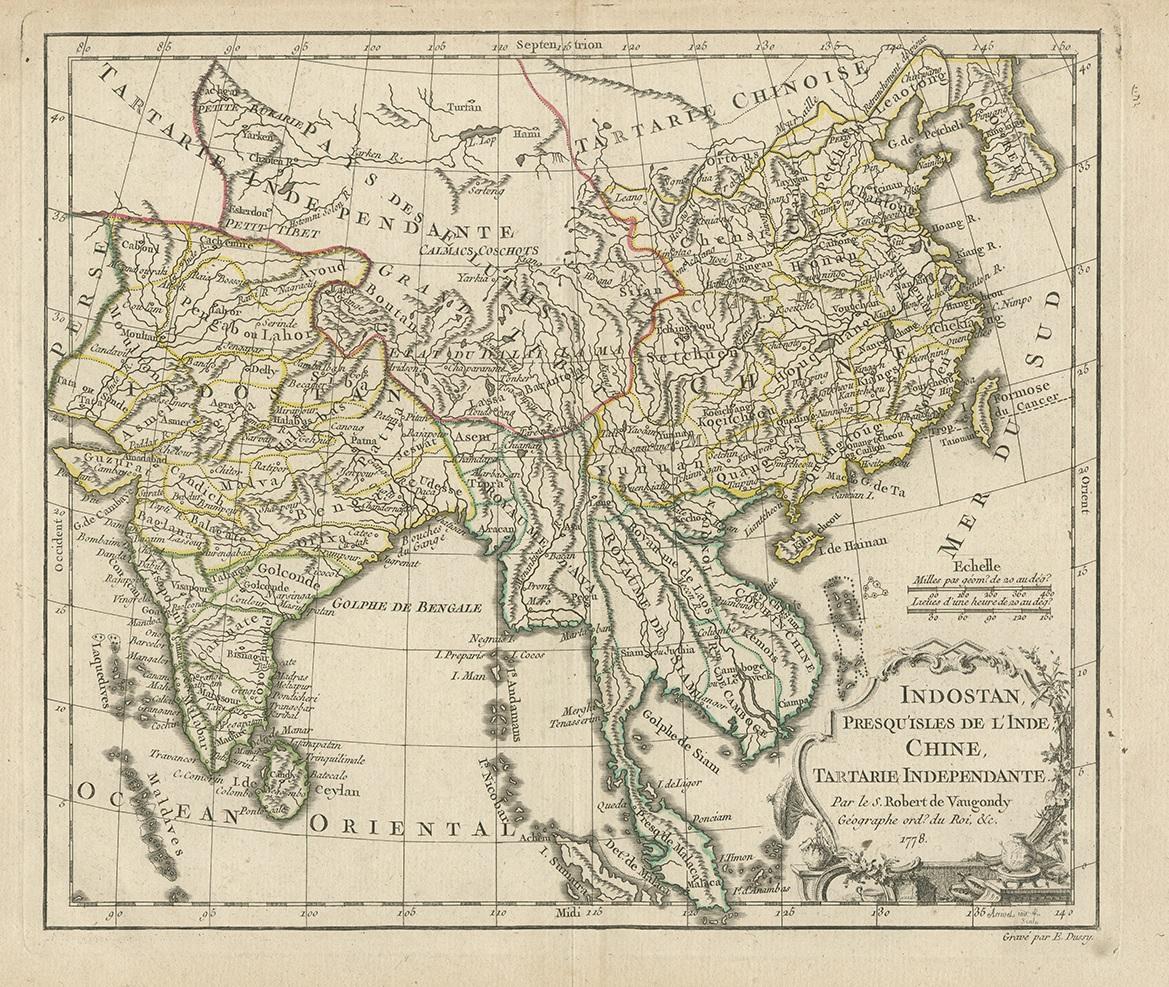 Antique map of Asia titled 'Indostan presqu'isles de l'Inde, Chine, Tartarie Independante'. Depicting South-East Asia including Hindustan, India and China. This map originates from 