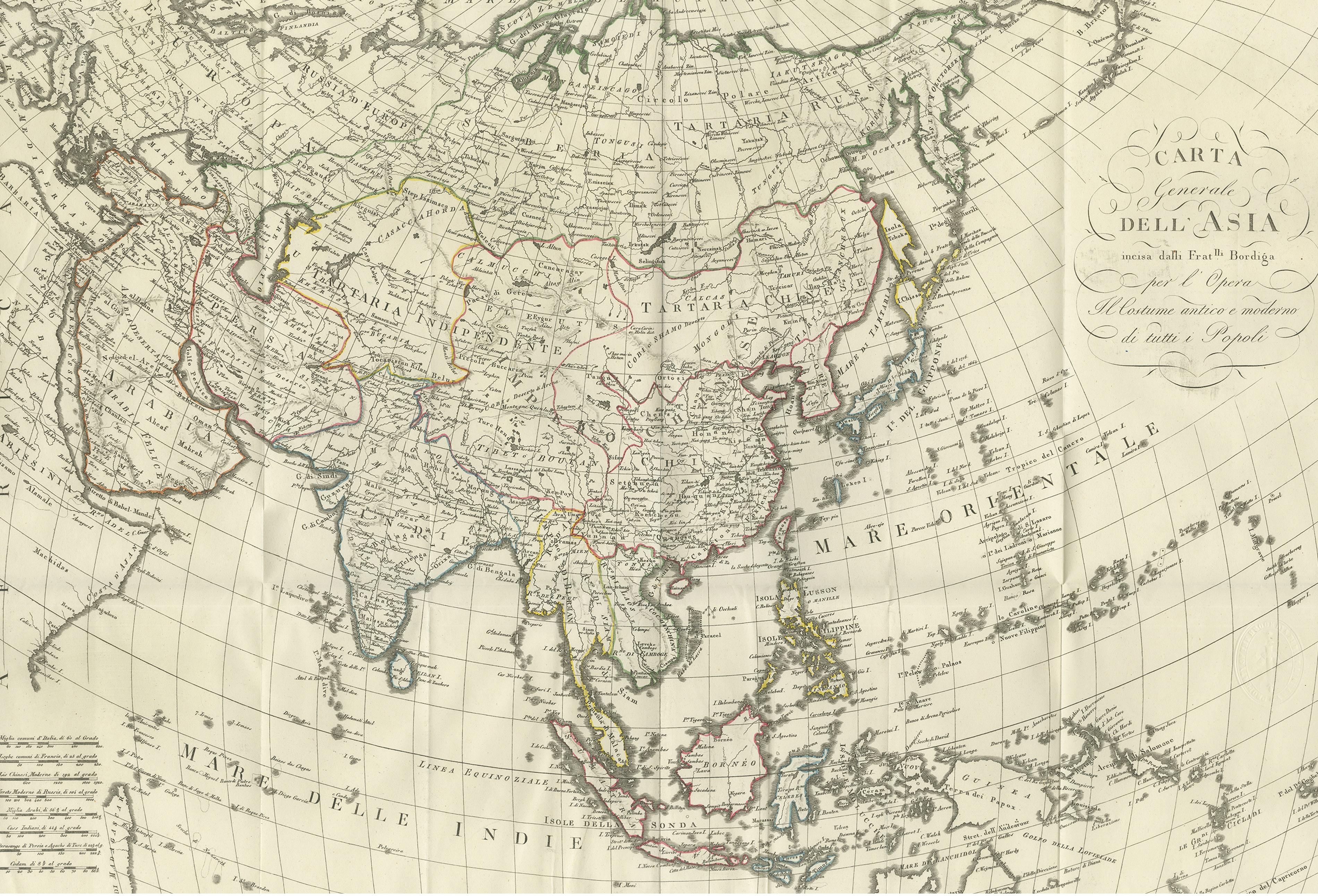 Antique map titled 'Carta generale dell' Asia (..)'. Original antique map of Asia. This map originates from ' Le Costume Ancien et Moderne' by Jules Ferrario. Published 1815.