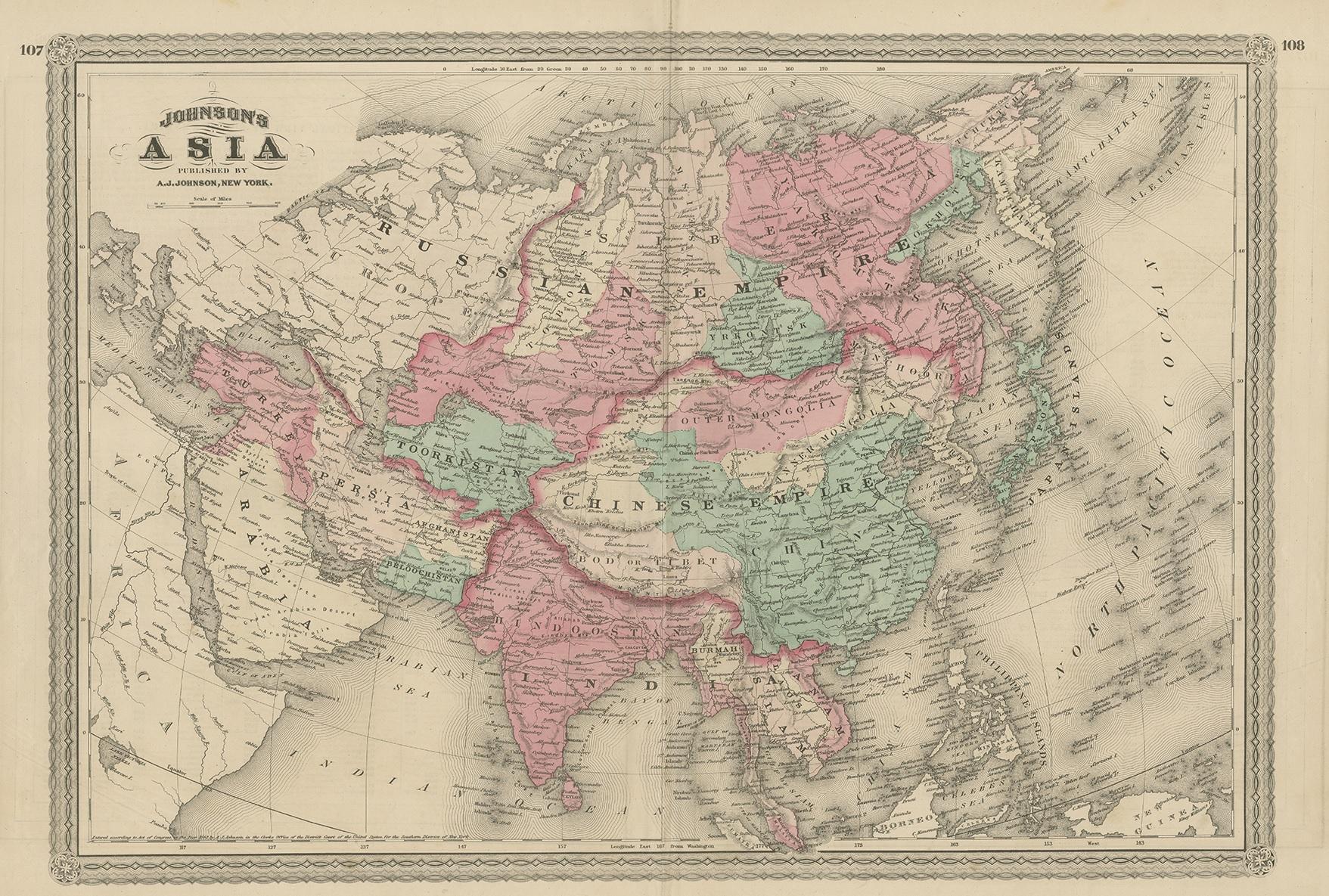 Antique map titled 'Johnson's Asia'. Original map of Asia. This map originates from 'Johnson's New Illustrated Family Atlas of the World' by A.J. Johnson. Published, 1872.
