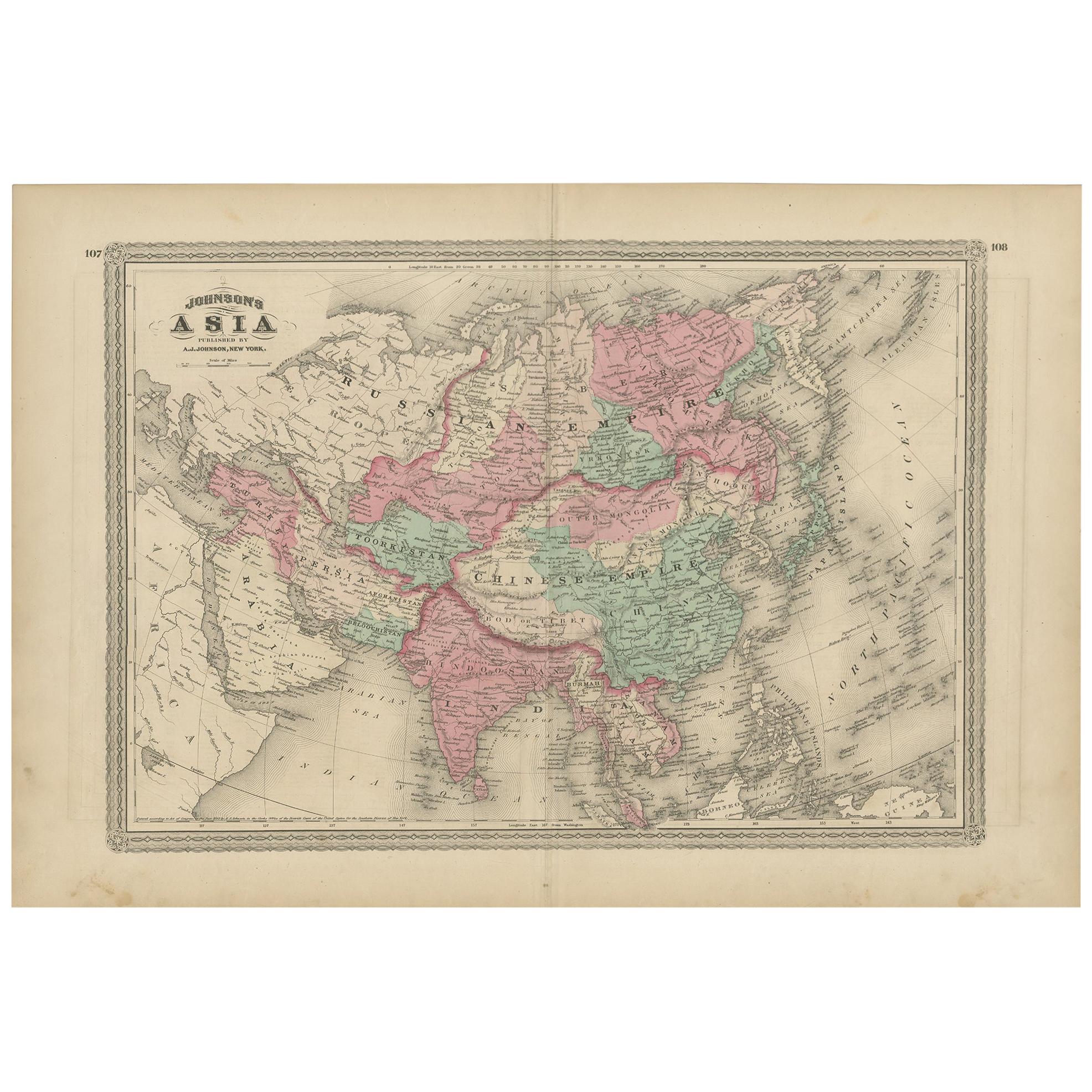 Antique Map of Asia by Johnson, 1872