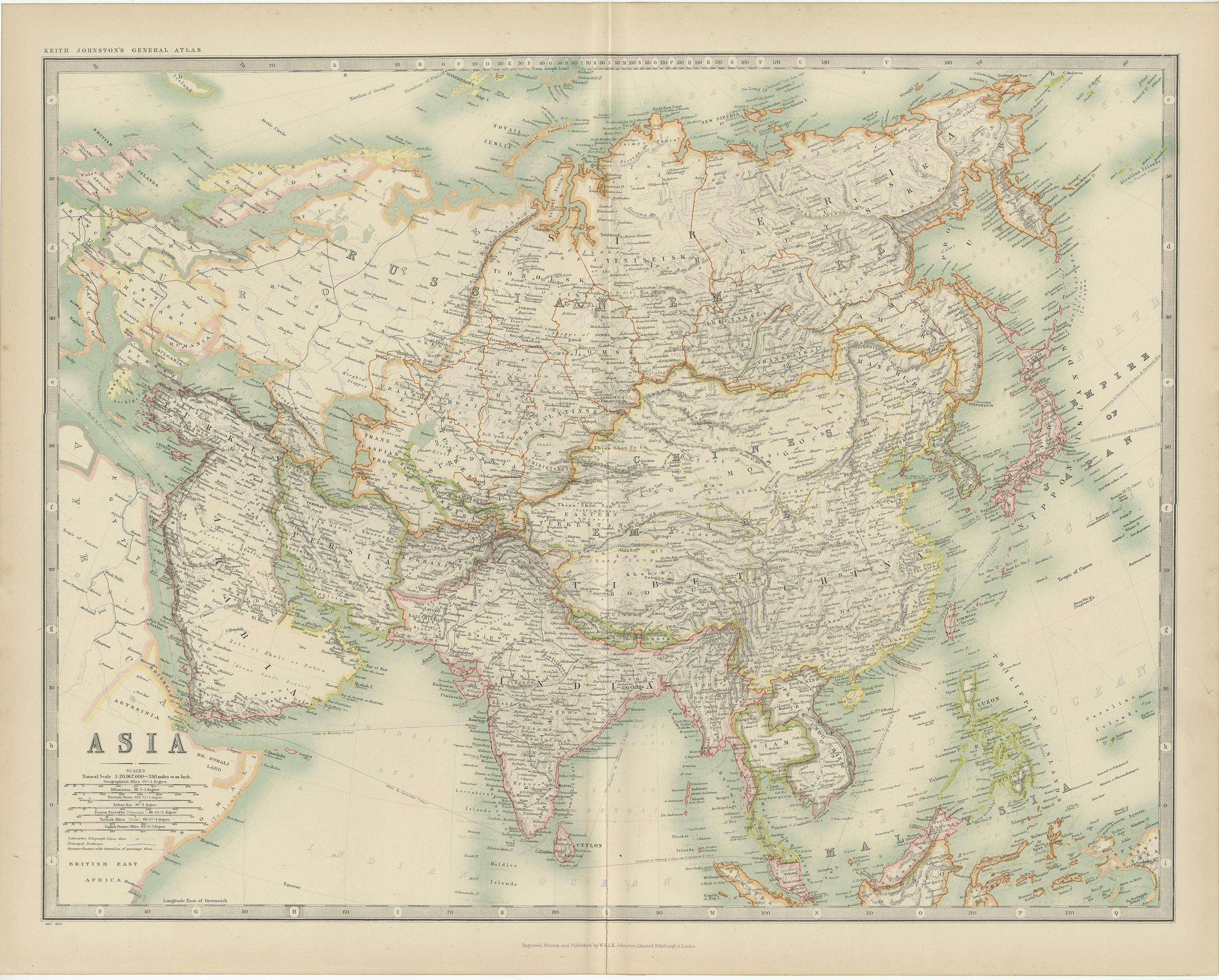 Antique map titled 'Asia'. Depicting China, Japan, Indonesia, India, Arabia and more. This map originates from the ‘Royal Atlas of Modern Geography’. Published by W. & A.K. Johnston, 1909.