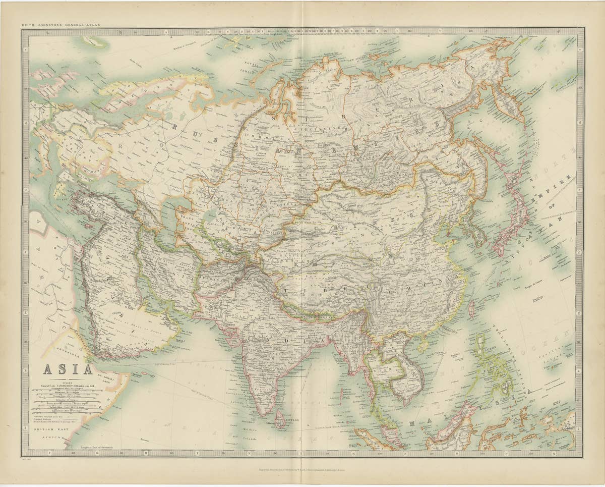 Antique Map of Asia by Johnston '1909'