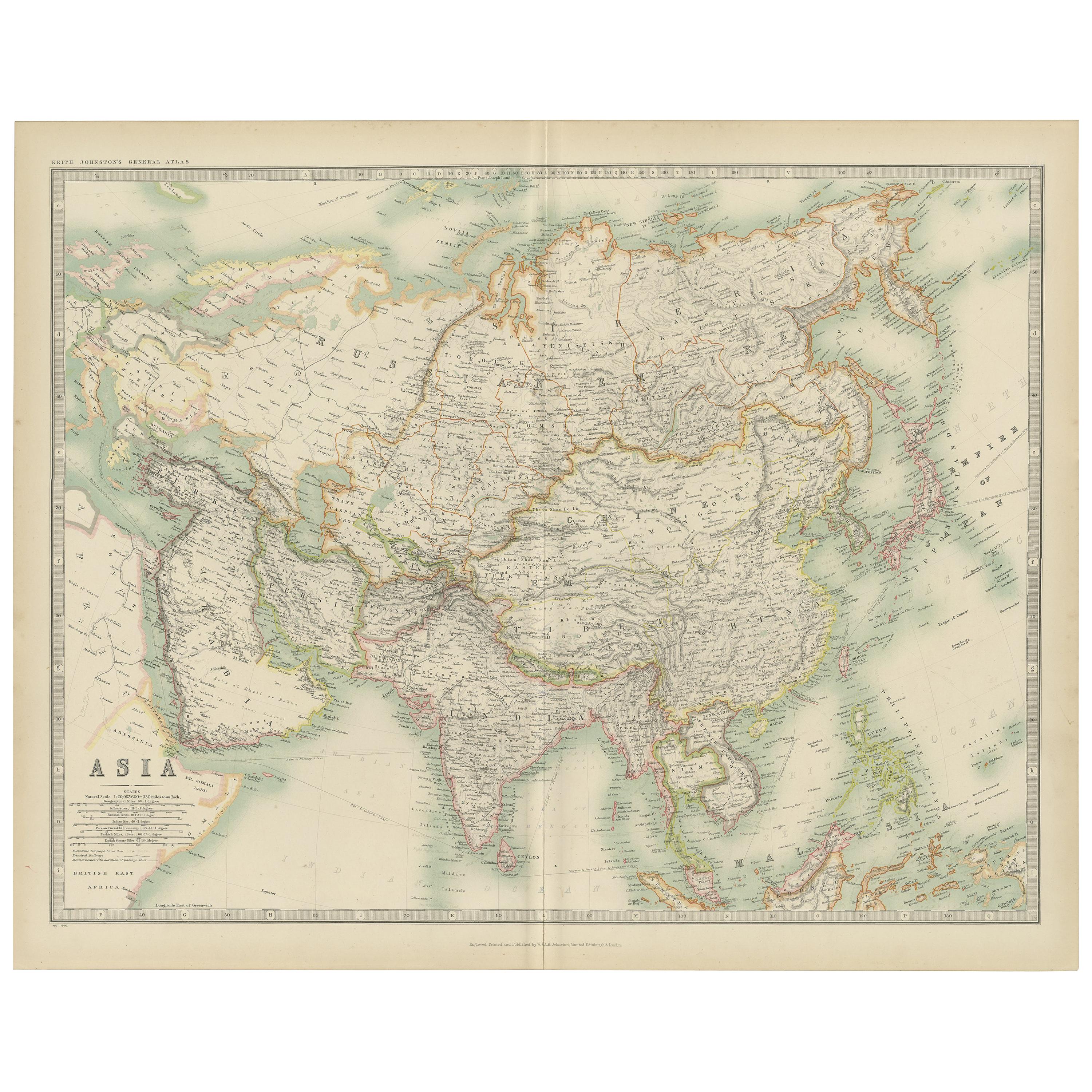 Antique Map of Asia by Johnston '1909' For Sale
