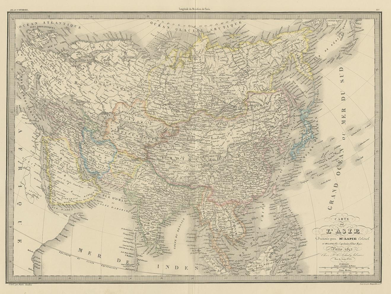 Antique map titled 'Carte de l'Asie'. Map of Asia. This map originates from 'Atlas universel de géographie ancienne et moderne (..)' by Pierre M. Lapie and Alexandre E. Lapie. Pierre M. Lapie was a French cartographer and engraver. He was the father