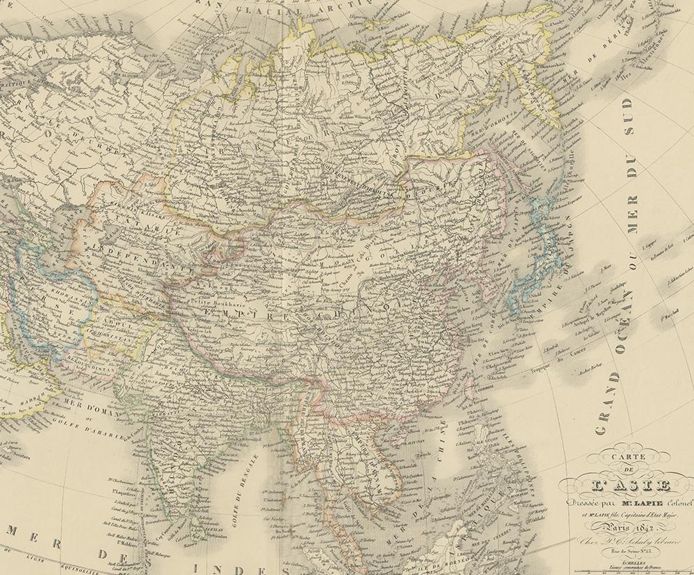 XIXe siècle Carte ancienne de l'Asie par Lapie:: 1842 en vente