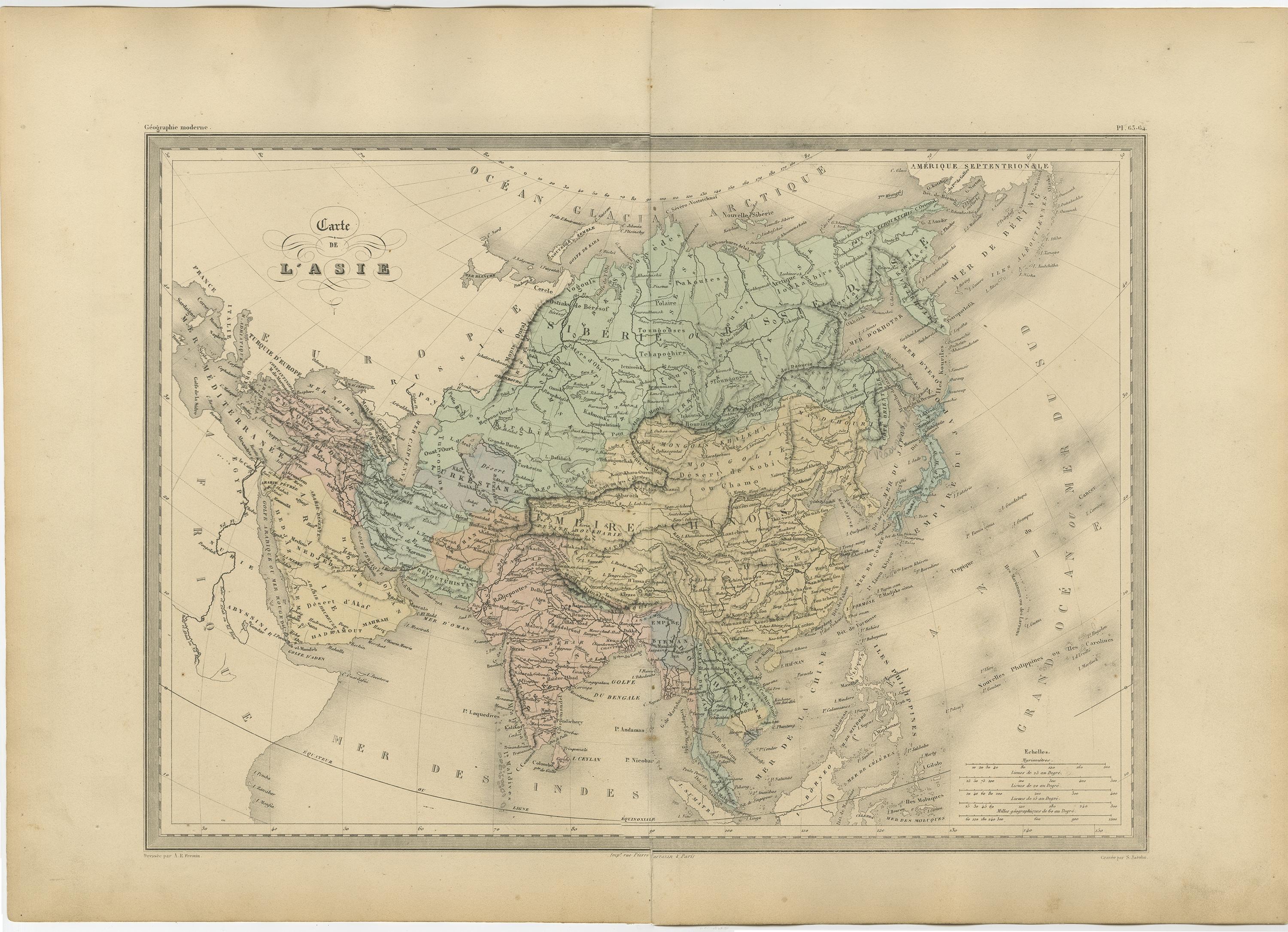 Paper Antique Map of Asia by Malte-Brun, 1880 For Sale