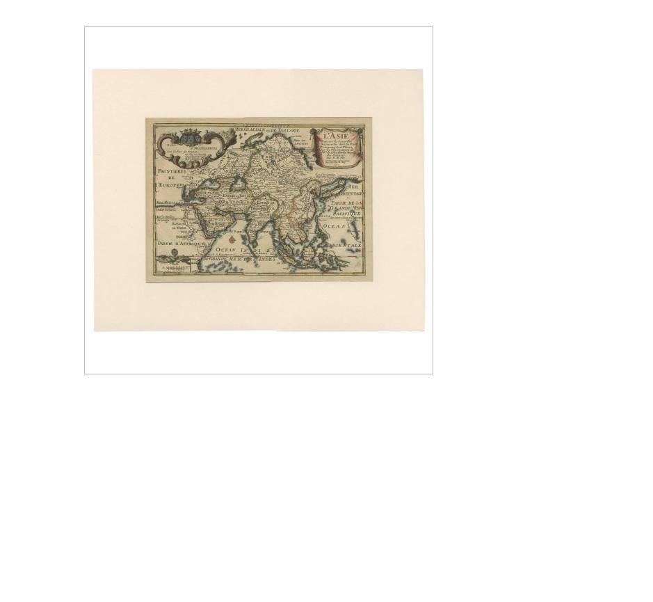 Carte ancienne intitulée 'I.L.A. Suivant les Nouvelles Découvertes dont les Point Principaux (..)'. Par N. de Fer, 1700. Représentant la Chine, le Japon, l'Inde, la Nouvelle-Zélande, Bornéo, Sumatra, Java, une partie de l'Afrique et bien d'autres