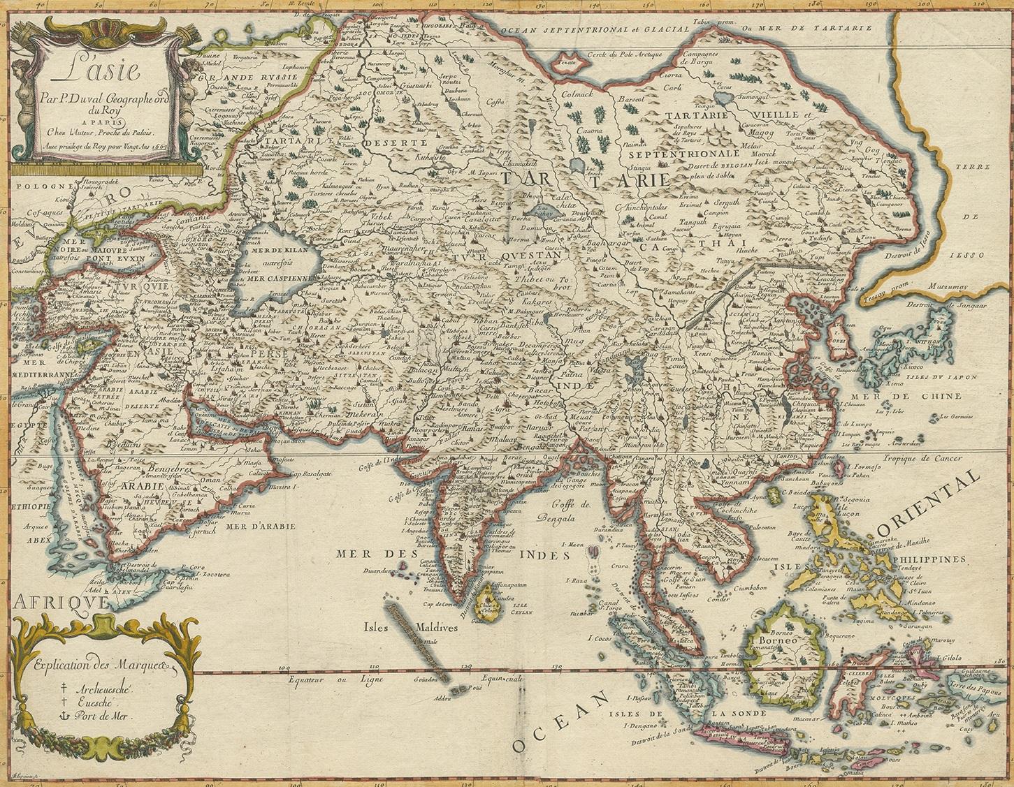 Antique map titled 'L'Asie'. Antique map of the Asian continent by Pierre Duval, dated 1663. Most place names represent geographical entities that currently exist or once existed. The rendition of the lower islands of Japan and the peninsula of