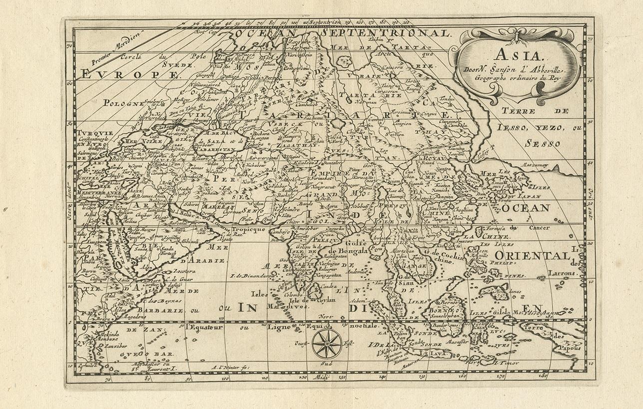 Édition néerlandaise de la carte de l'Asie de Sanson. Montre une grande version dramatique de Terre de Jesso, tirée des découvertes de l'expédition de Maarten de Vries de 1643.