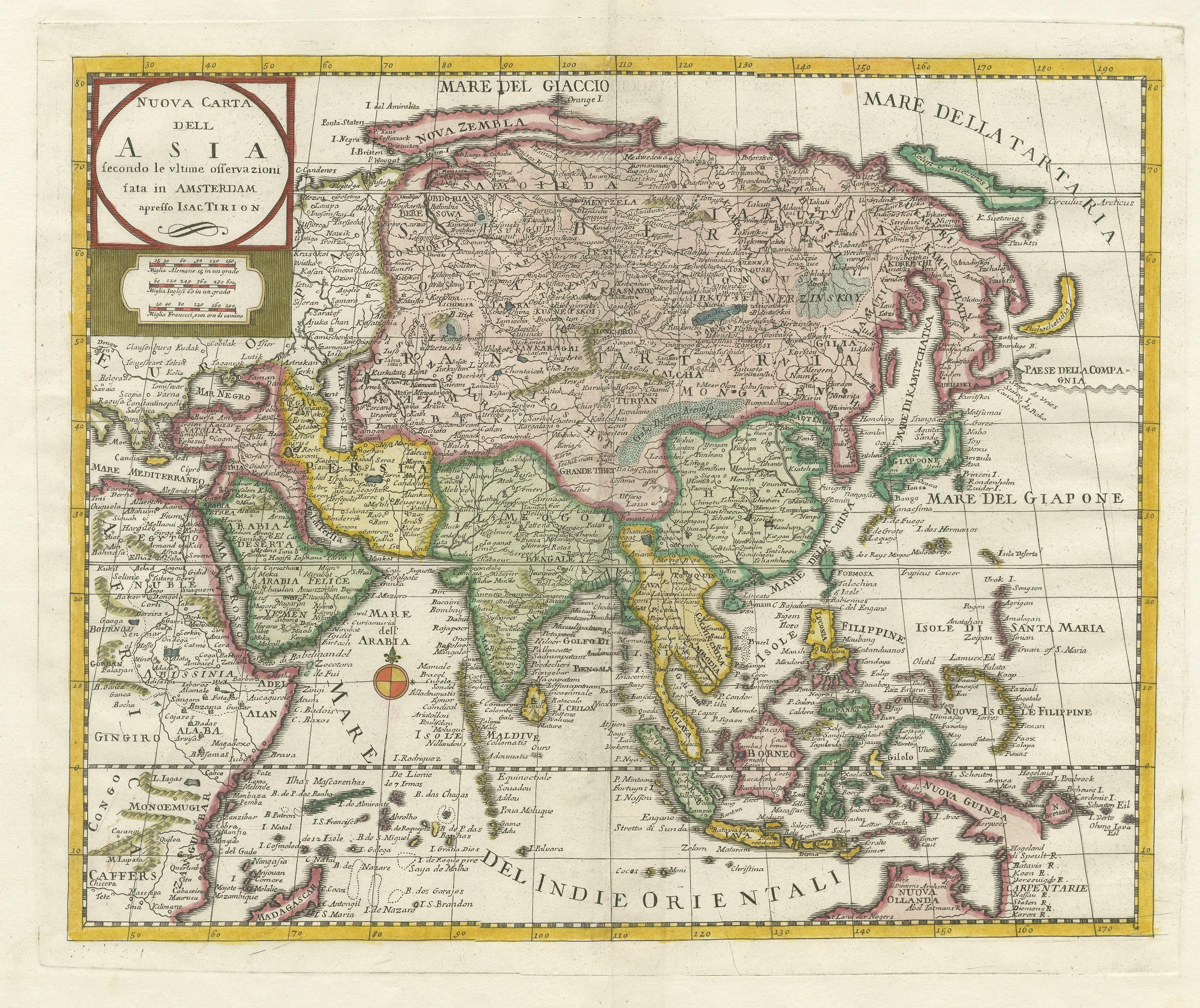Carta geografica antica intitolata 'Nuova Carta dell'Asia'. Mappa decorativa dell'Asia. Pubblicato da I. Tirion, circa 1760.