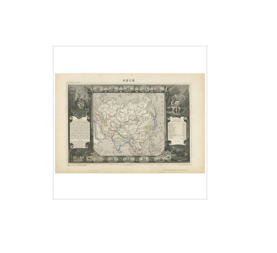 Antique map titled 'Asie'. Map of the main Asian continent. The decorated border shows various images, as well as two blocks of statistical text on the continent, including population figures. This map originates from ‘Atlas National de la France