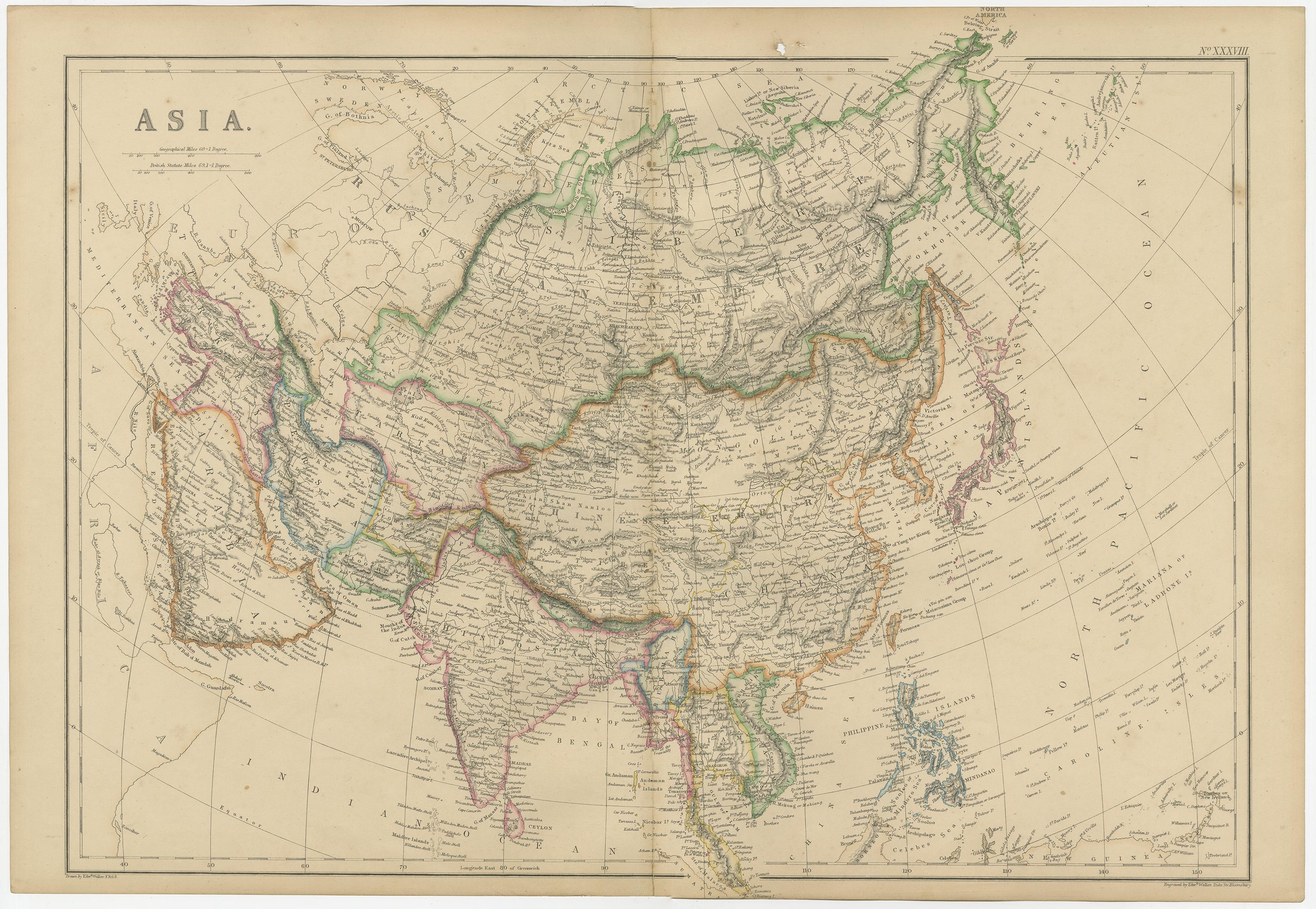 19th Century Original 1859 Map of Asia from W.G. Blackie's Imperial Atlas of Modern Geography For Sale