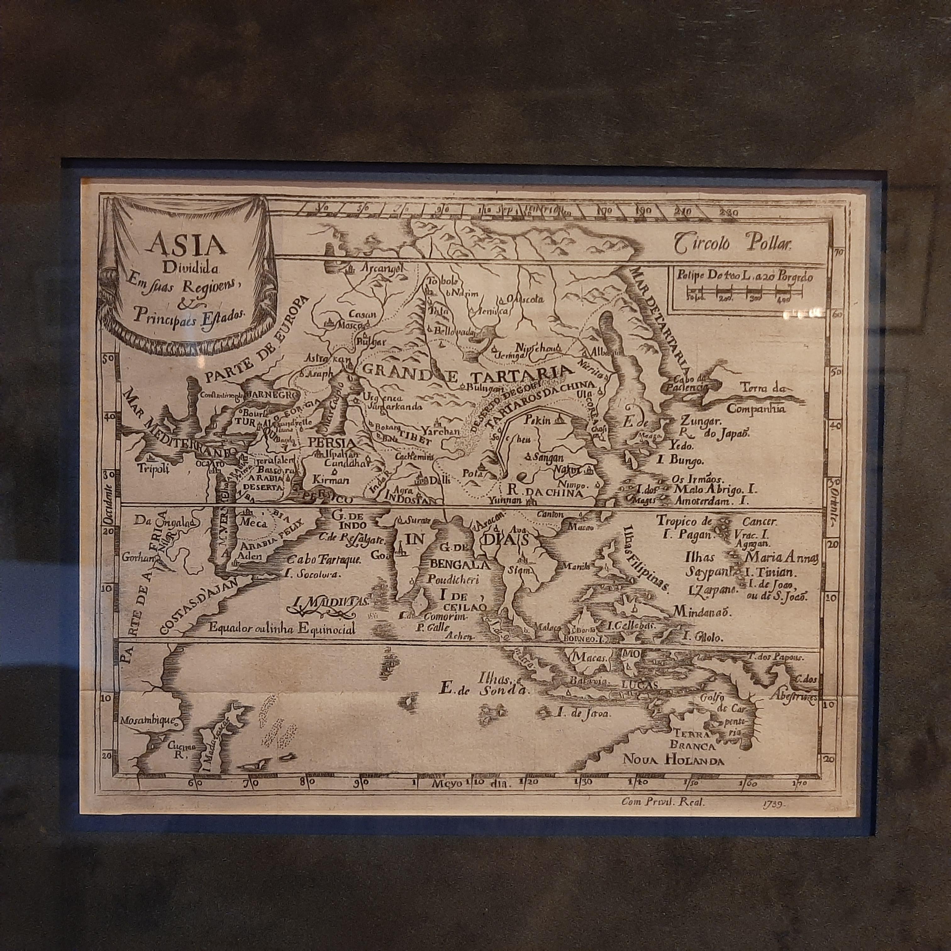 Antique map titled 'Asia Dividida em suas Regioens & Principaes Estados'. Rare and uncommon map of Asia. Signed '1739'. Source unknown, to be determined.

Frame included. We carefully pack our framed items to ensure safe shipping.