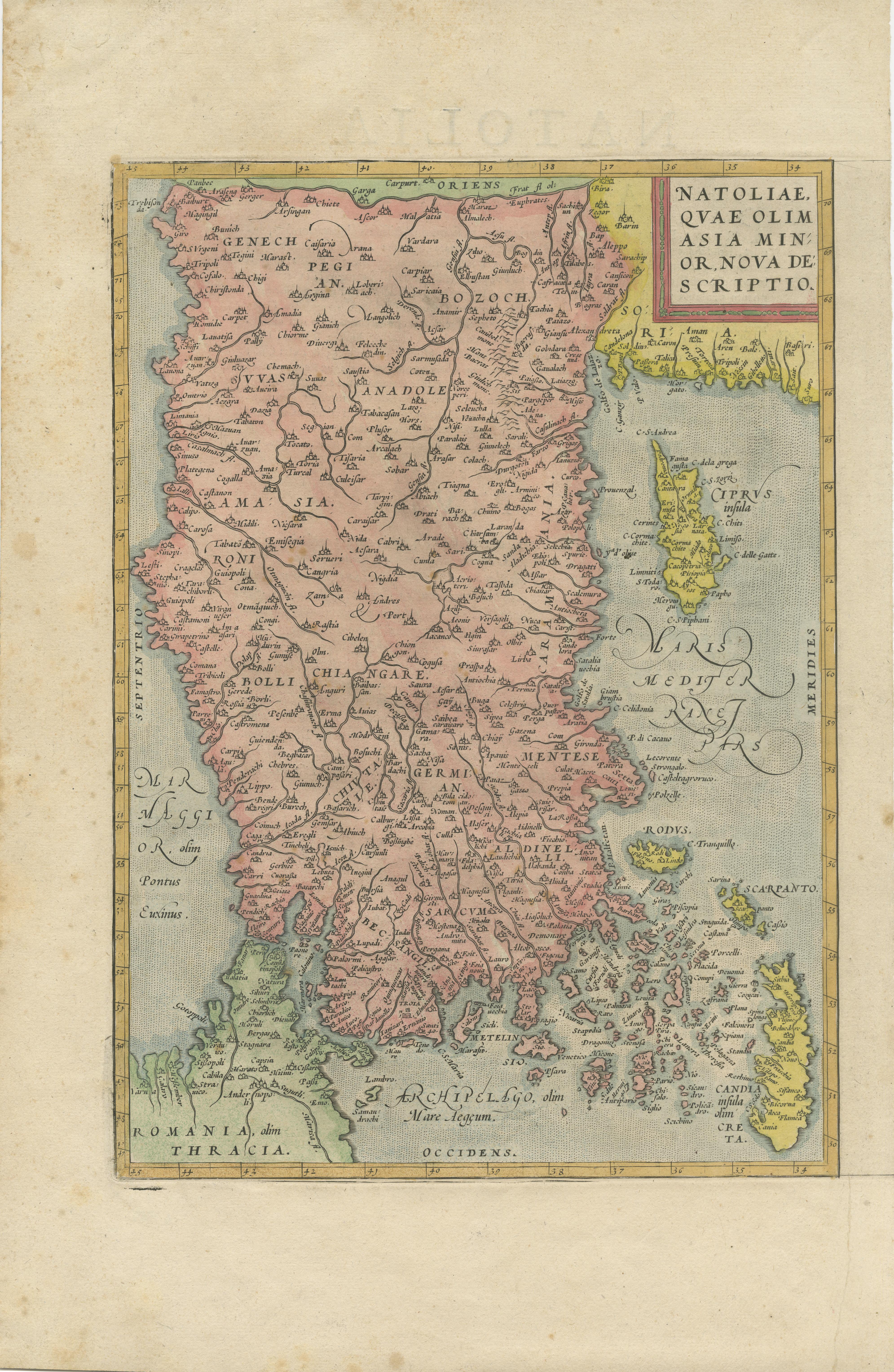 Antique map titled 'Natoliae quae olim Asia Minor nova descriptio'. Original antique map of Asia Minor, Cyprus, and the eastern Mediterranean. Originally published on one sheet together with two other maps (Egypt and Carthage), this print is