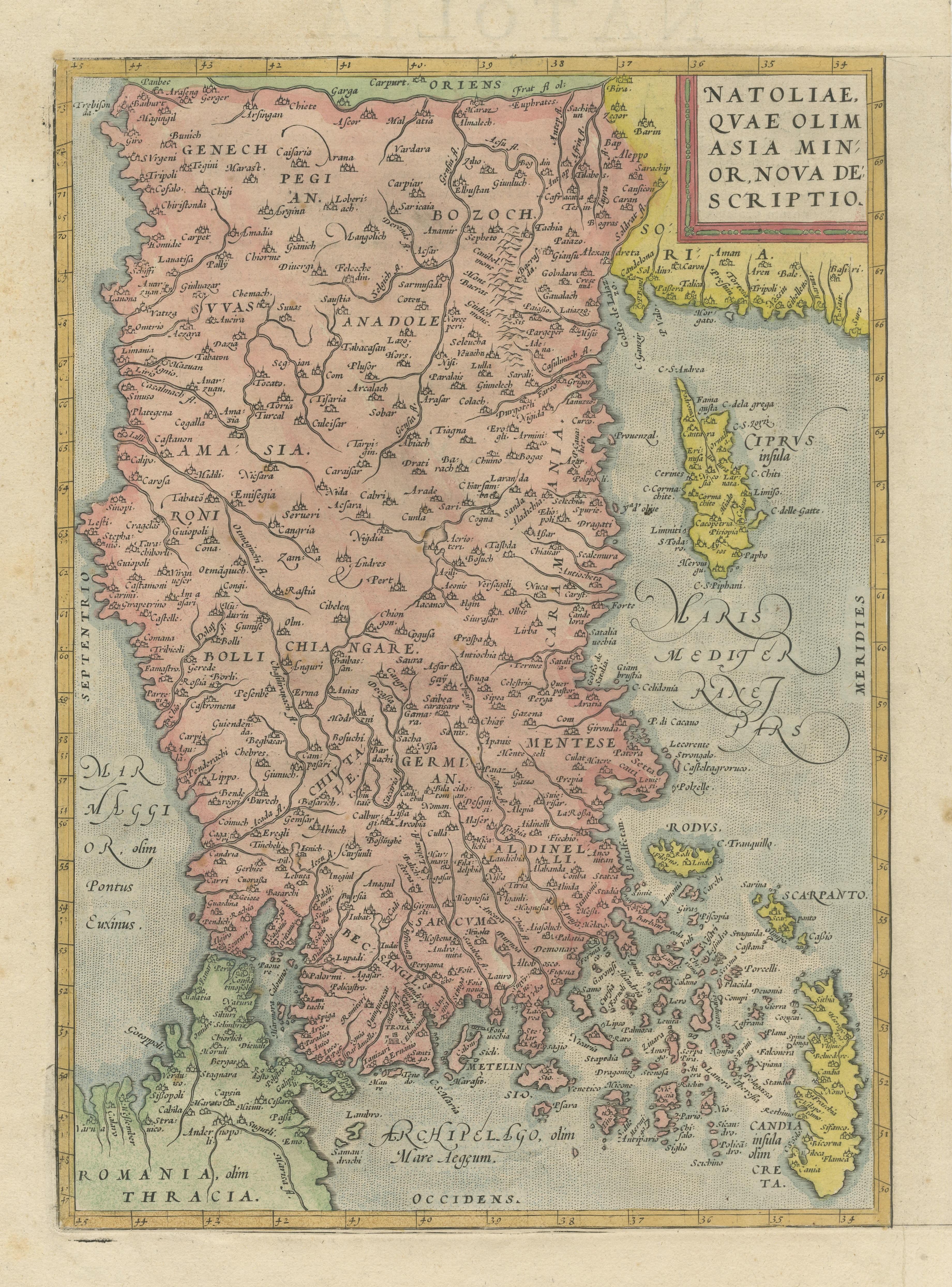 Antique Map of Asia Minor, Cyprus, and the Eastern Mediterranean In Good Condition For Sale In Langweer, NL
