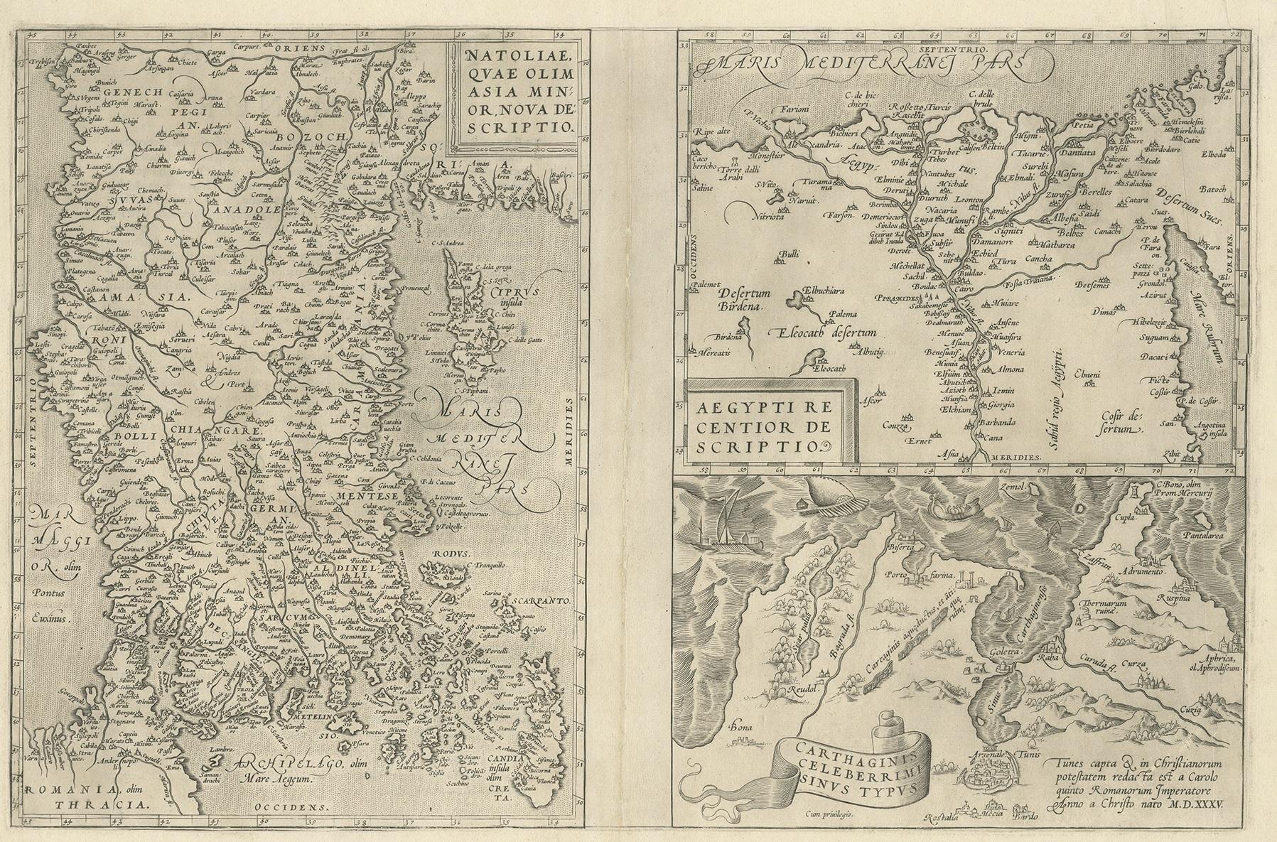 Drei antike Karten auf einem Blatt mit dem Titel 'Natoliae quae olim Asia Minor [mit] Aegypti recentior descriptio [mit] Carthaginis Celeberrimisinus Typus'. Die erste Karte umfasst Kleinasien, Zypern und das östliche Mittelmeer. Die zweite Karte