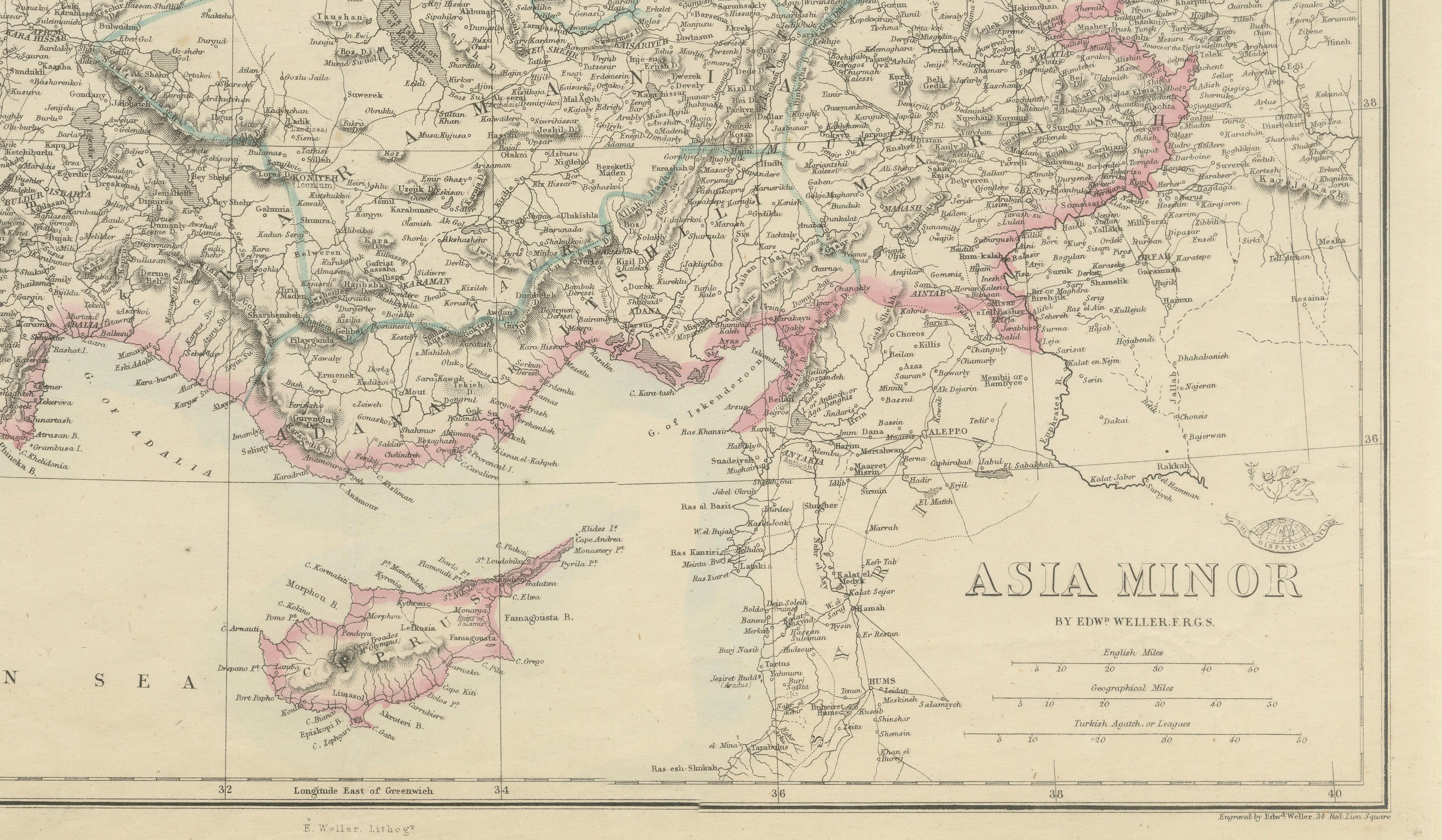 Antique Map of Asia Minor Turkey by Edward Weller, Weekly Dispatch, 1863