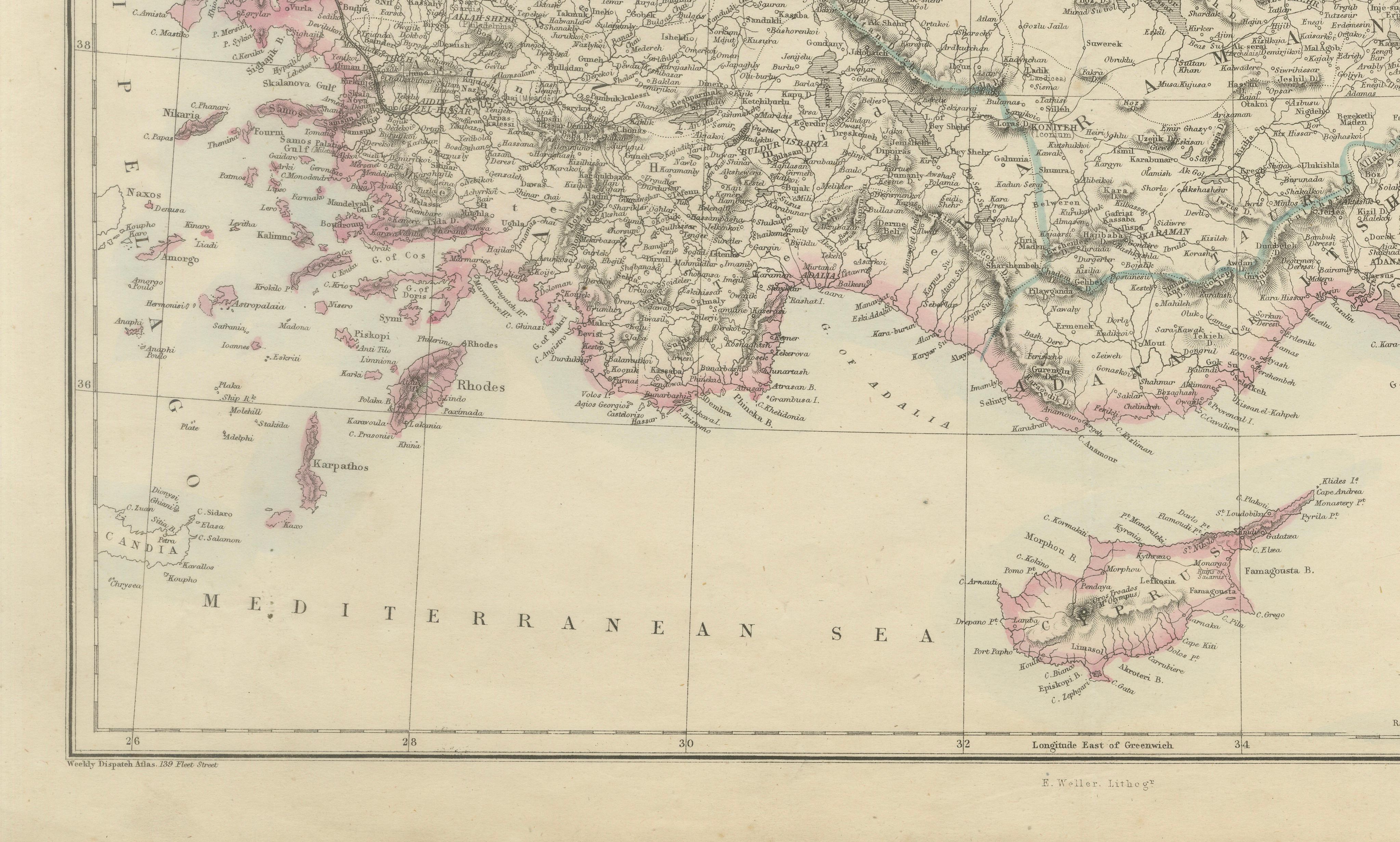 Antique Map of Asia Minor Turkey by Edward Weller, Weekly Dispatch, 1863