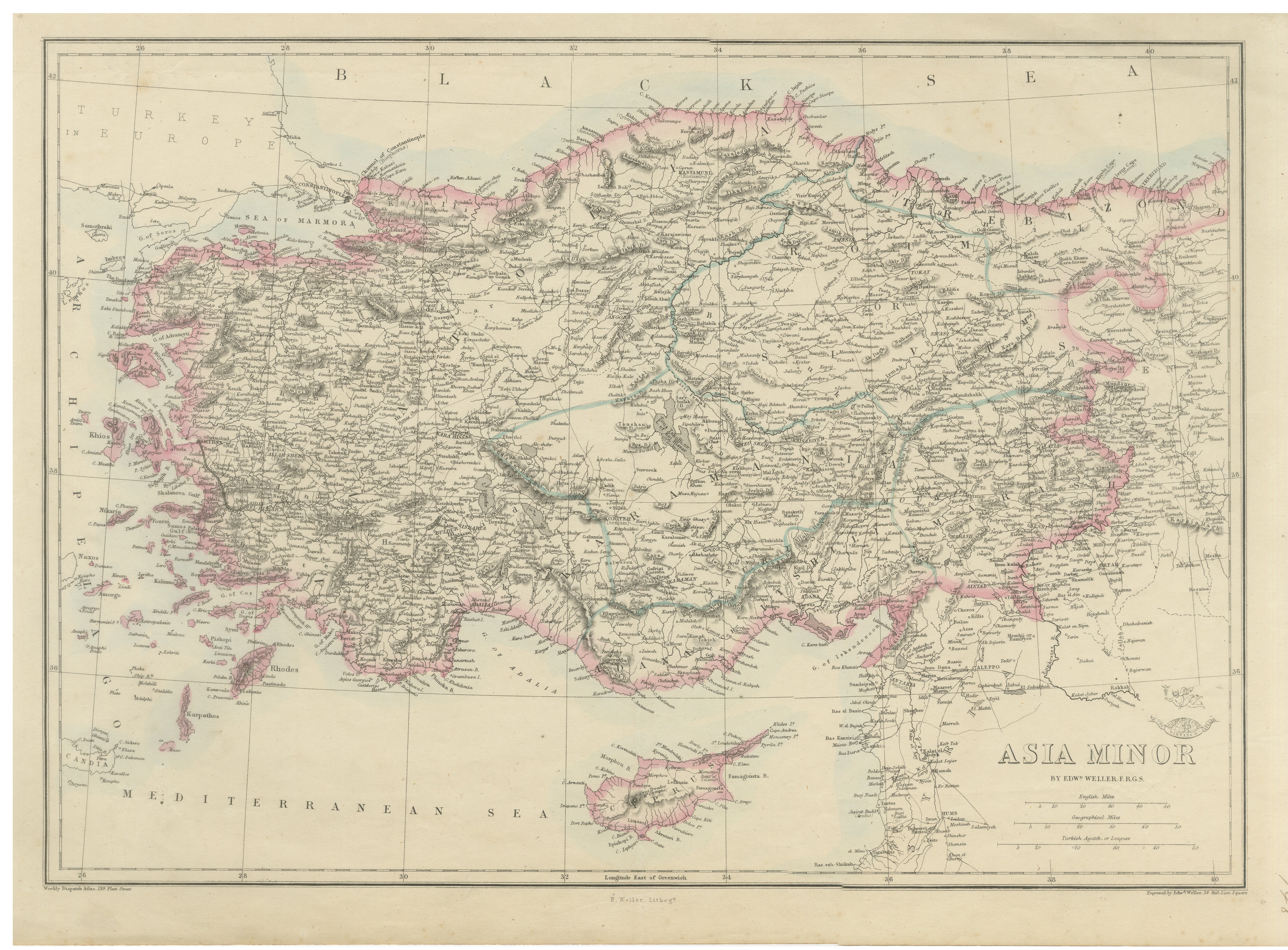 Antike Karte von Kleinasien und der Türkei von Edward Weller, Weekly Dispatch, 1863