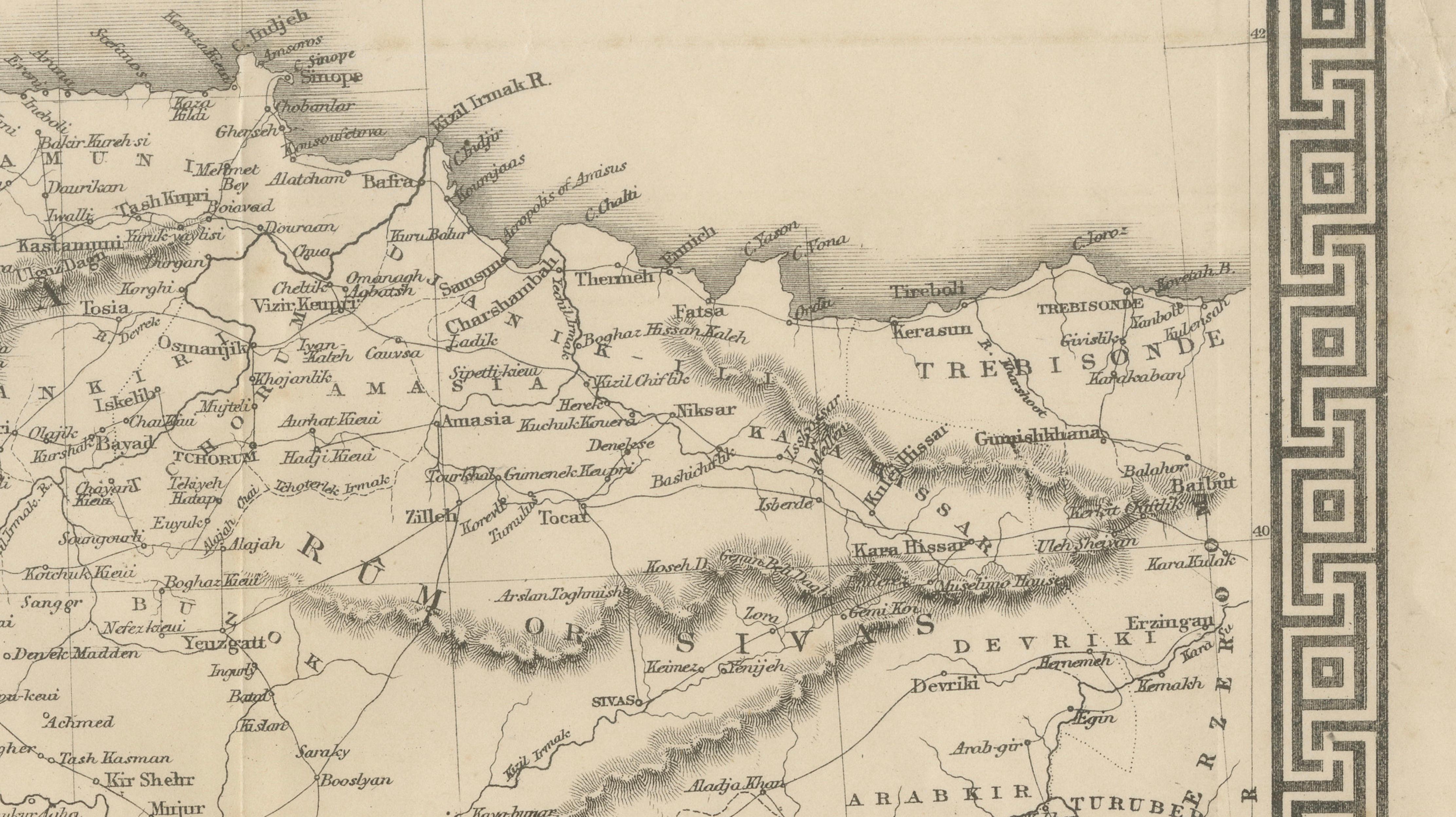 Antique Map of Asia Minor Turkey with Greek Key Border by Tallis, c.1850