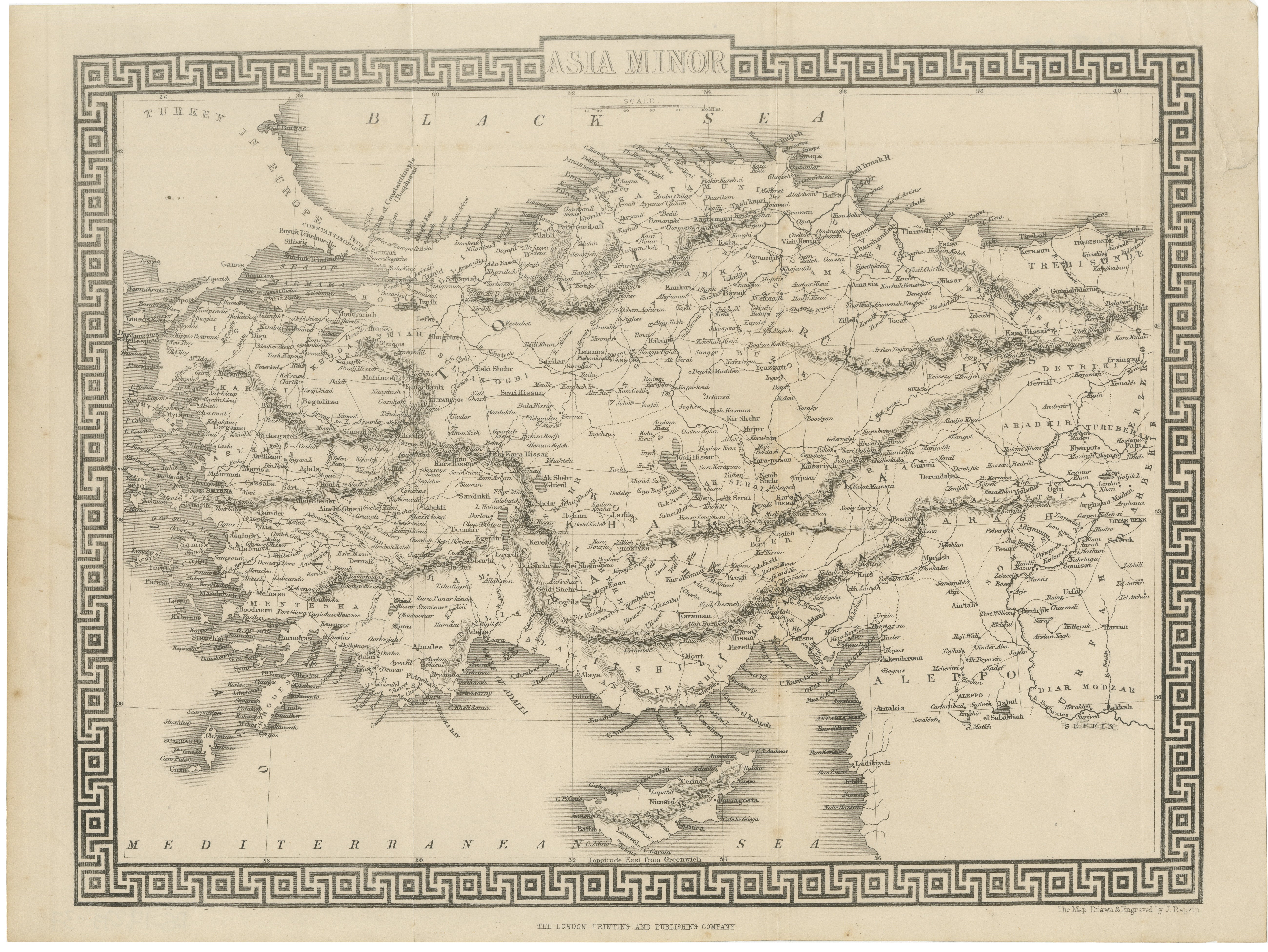 Antique Map of Asia Minor Turkey with Greek Key Border by Tallis, c.1850