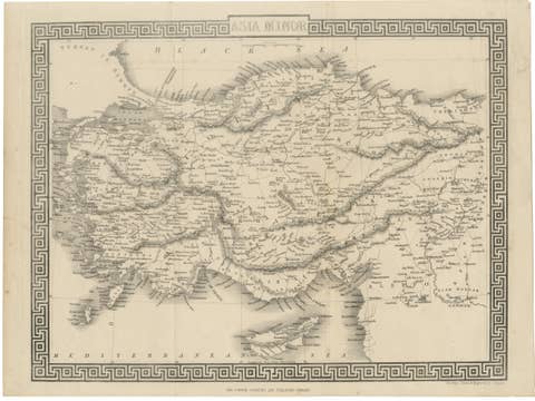 Antique Map of Asia Minor Turkey with Greek Key Border by Tallis, c.1850
