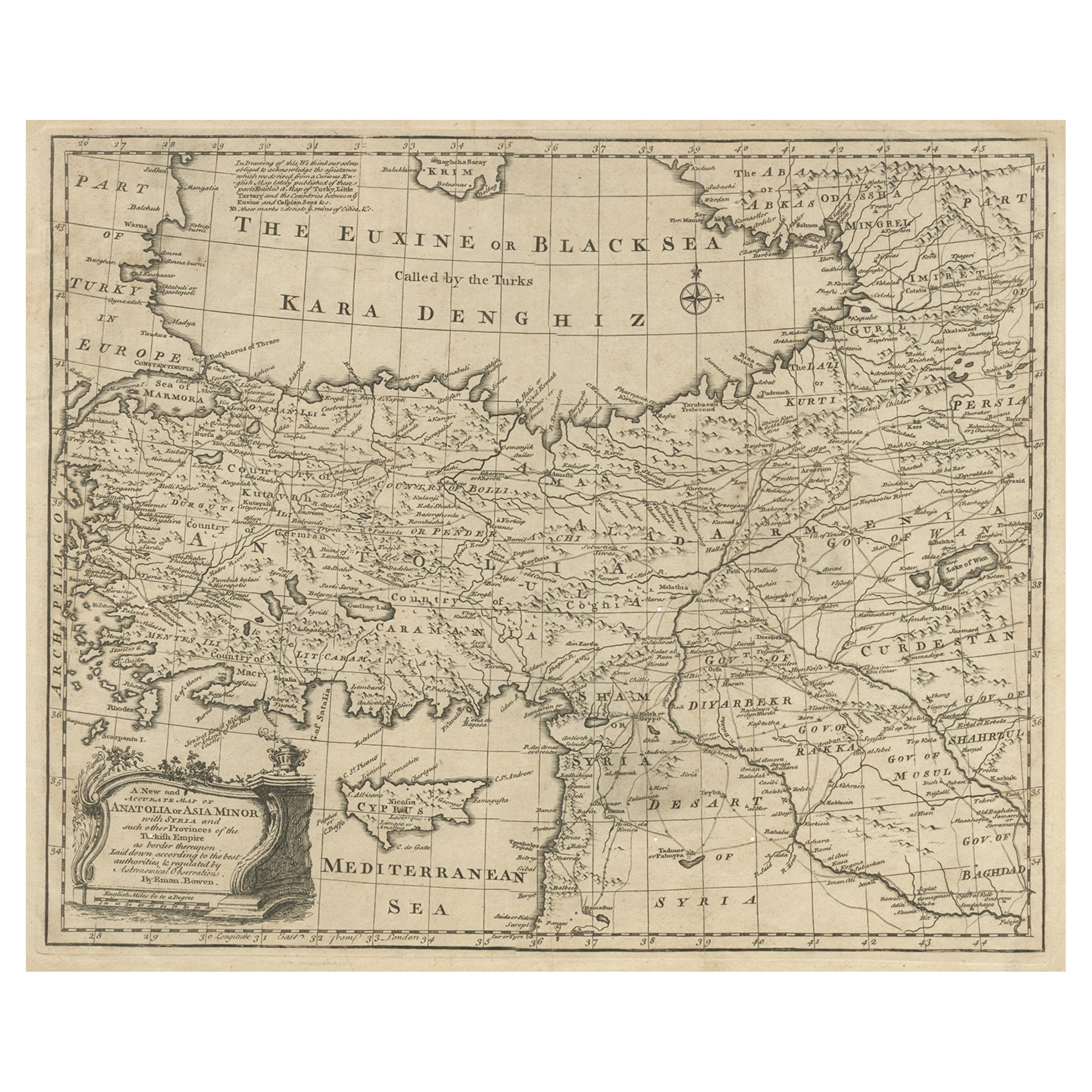 Carte ancienne d'Asie mineure avec Cyprus, Syrie et Turquie et la mer noire, 1747 en vente