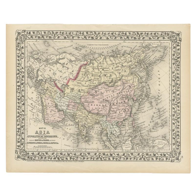 Antique Map of Asia Showing Its Political Divisions, 1874 For Sale