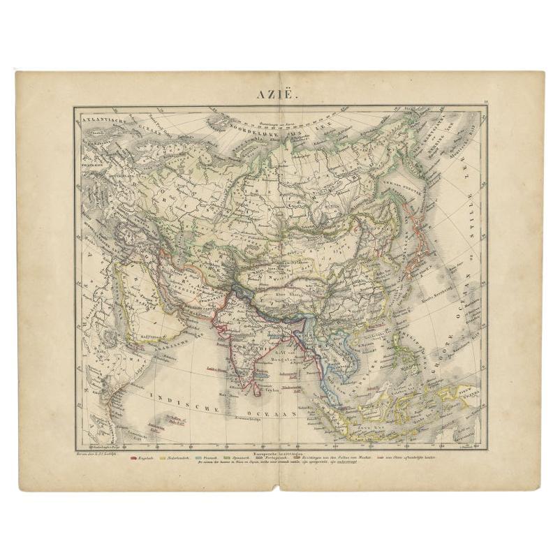 Antique map titled 'Asia'. Old map depicting the Asian continent. This map originates from 'School-Atlas van alle Deelen der Aarde'. 

Artists and Engravers: Published by O. Petri, Rotterdam.

Condition: Good, general age-related toning. Split