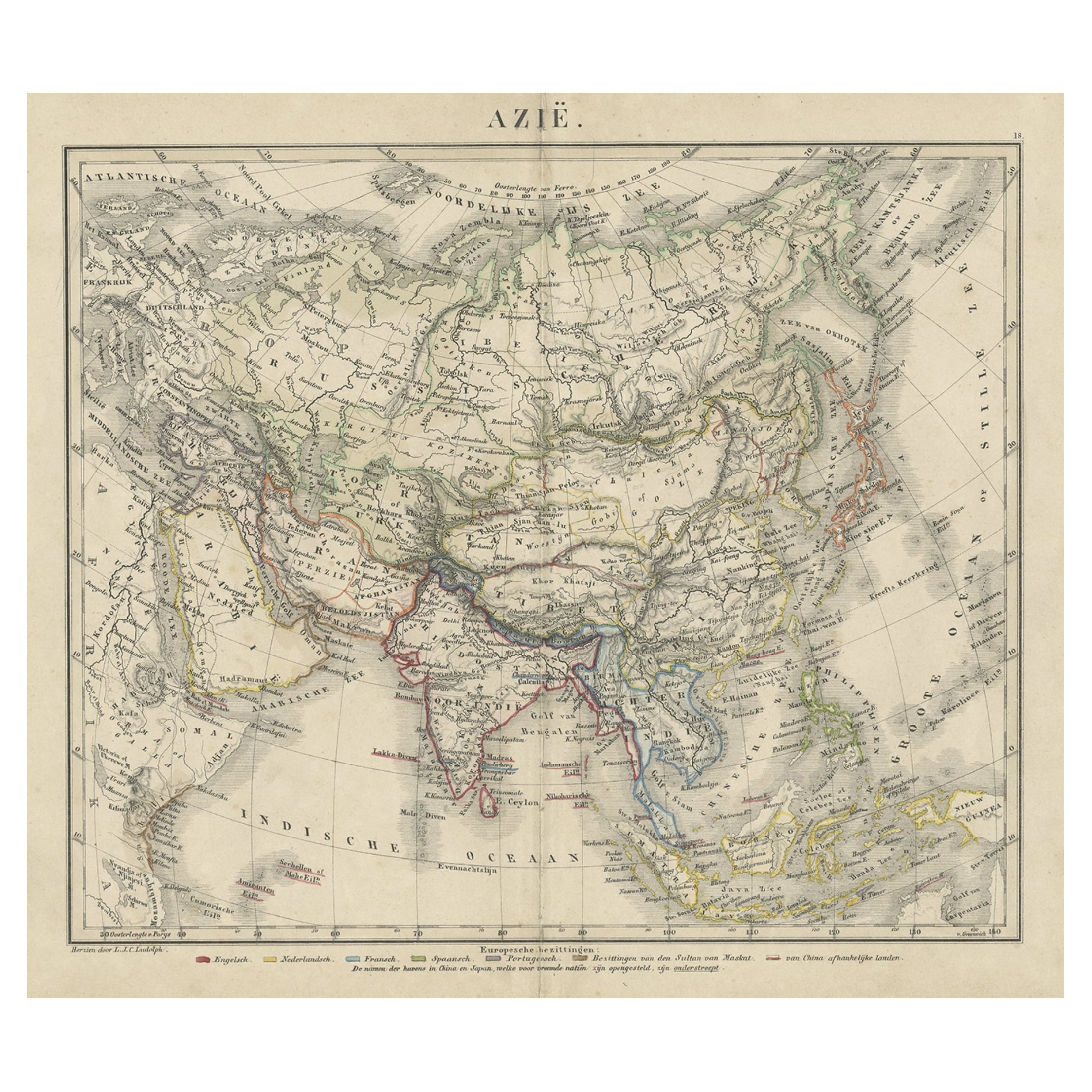 Mapa antiguo de Asia con las zonas lingüísticas europeas, c.1873