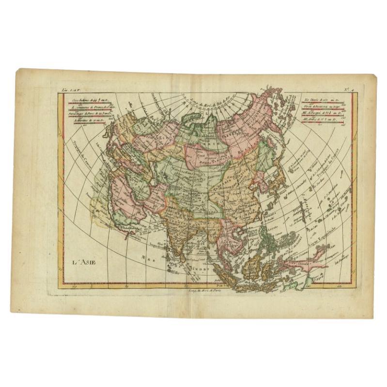 Antique map titled 'L'Asie.' Map of Asia. Offers considerable detail considering the size, showing the tradewinds in the Pacific and Indian Oceans as well as numerous Silk Route cities in Central Asia. Highly detailed, showing towns, rivers, some