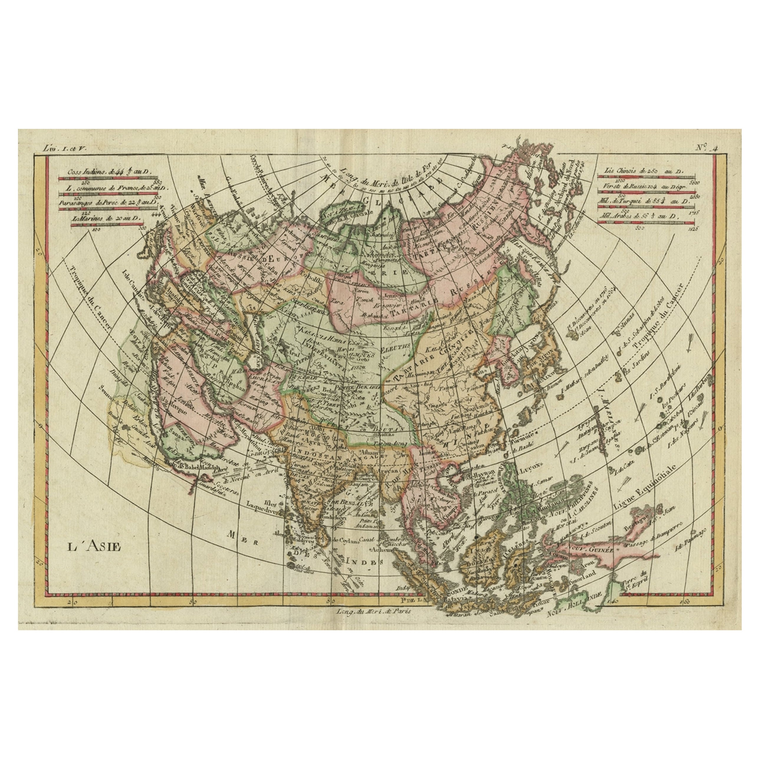 Carta geografica antica dell'Asia, che mostra i venti commerciali, le città della via della seta, ecc.