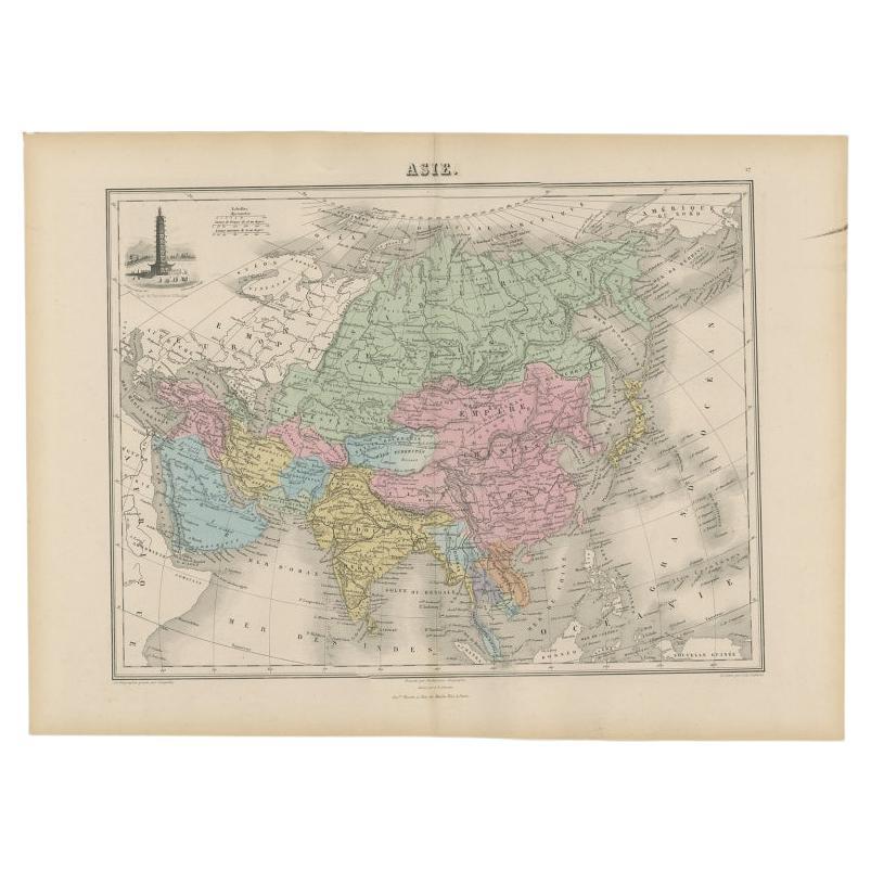 Antique Map of Asia with an Illustration of the Porcelain Tower at Nanjing, 1880 For Sale