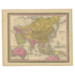 Antique Map of Asia with Decorative Border and Inset Map of Australia, 1849