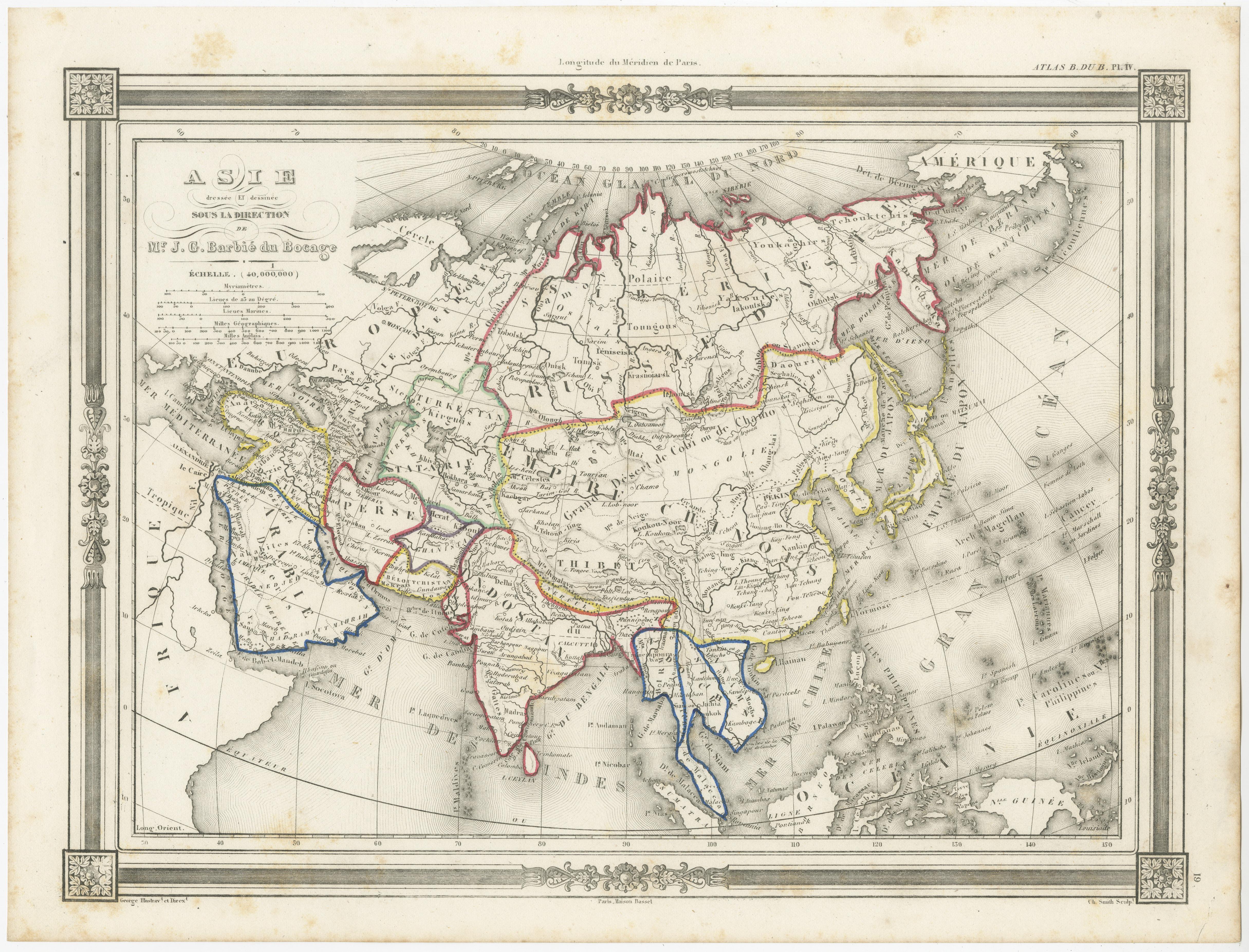 Antique map titled 'Asie'. Attractive map of the Asian continent. The map covers from the Arabian Peninsula and Turkey eastward as far as Kamchatka, Japan, the Philippines and New Guinea. This map originates from Maison Basset's 1852 edition of