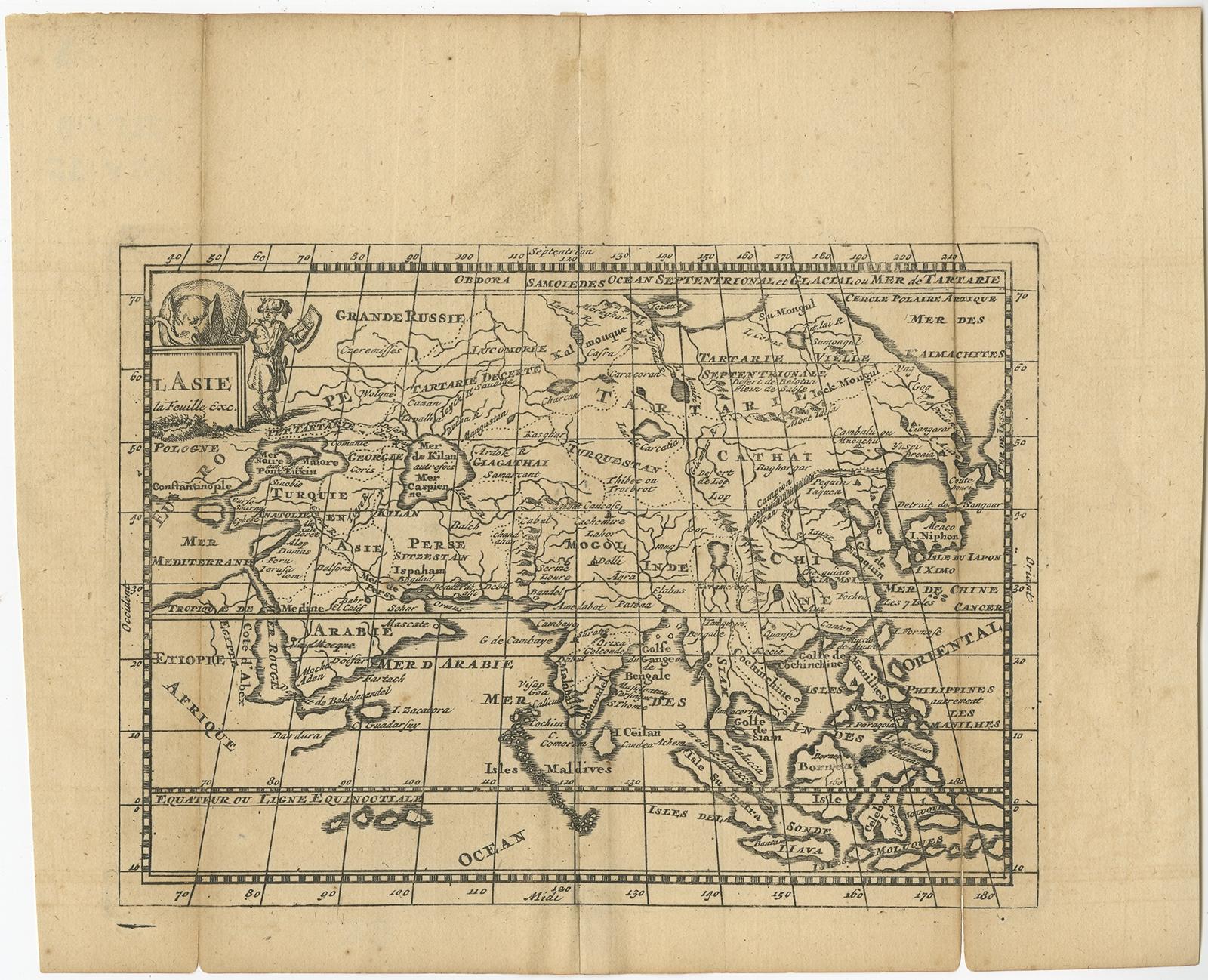 Carte ancienne intitulée 'L'Asie la feuille exc'. Ancienne carte de l'Asie. La carte contient plusieurs côtes mal formées et des îles déformées avec un petit cartouche tenu par un éléphant dans le coin supérieur nord-ouest. Source inconnue, à